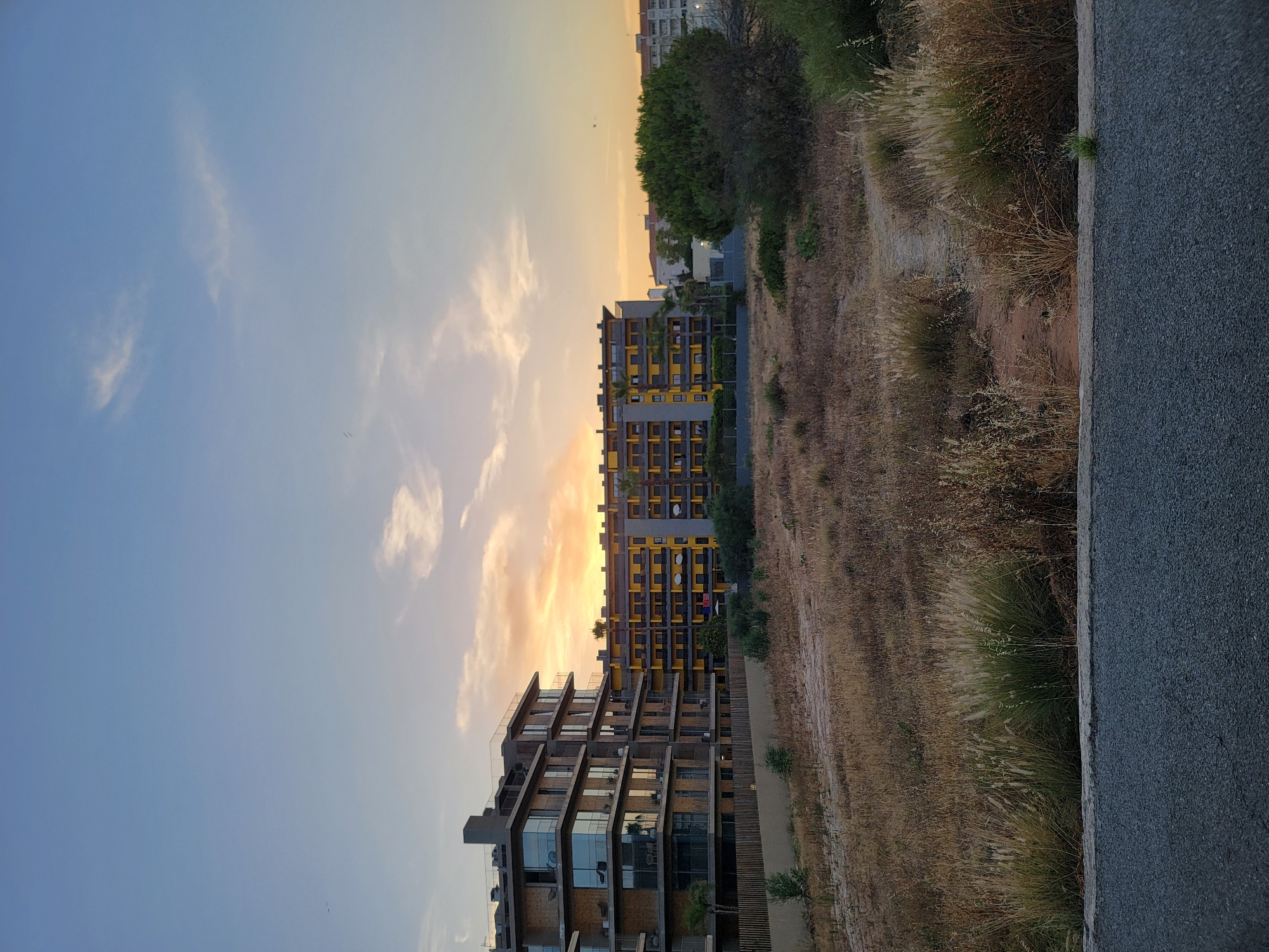The image depicts a modern apartment complex and a building with yellow facade in Quarteira, Portugal, during sunset. The sky is a gradient of blue, transitioning into hues of orange and pink from the setting sun, with a few wispy clouds. In the foreground, there's a patch of dry, unkempt vegetation and a dirt path. The apartment building on the left features multiple balconies with glass railings and concrete elements, while the building on the right is characterized by its bright yellow exterior and numerous balconies with dark railings. A large green tree stands to the right of the yellow building. The scene is devoid of any people or ongoing activity.