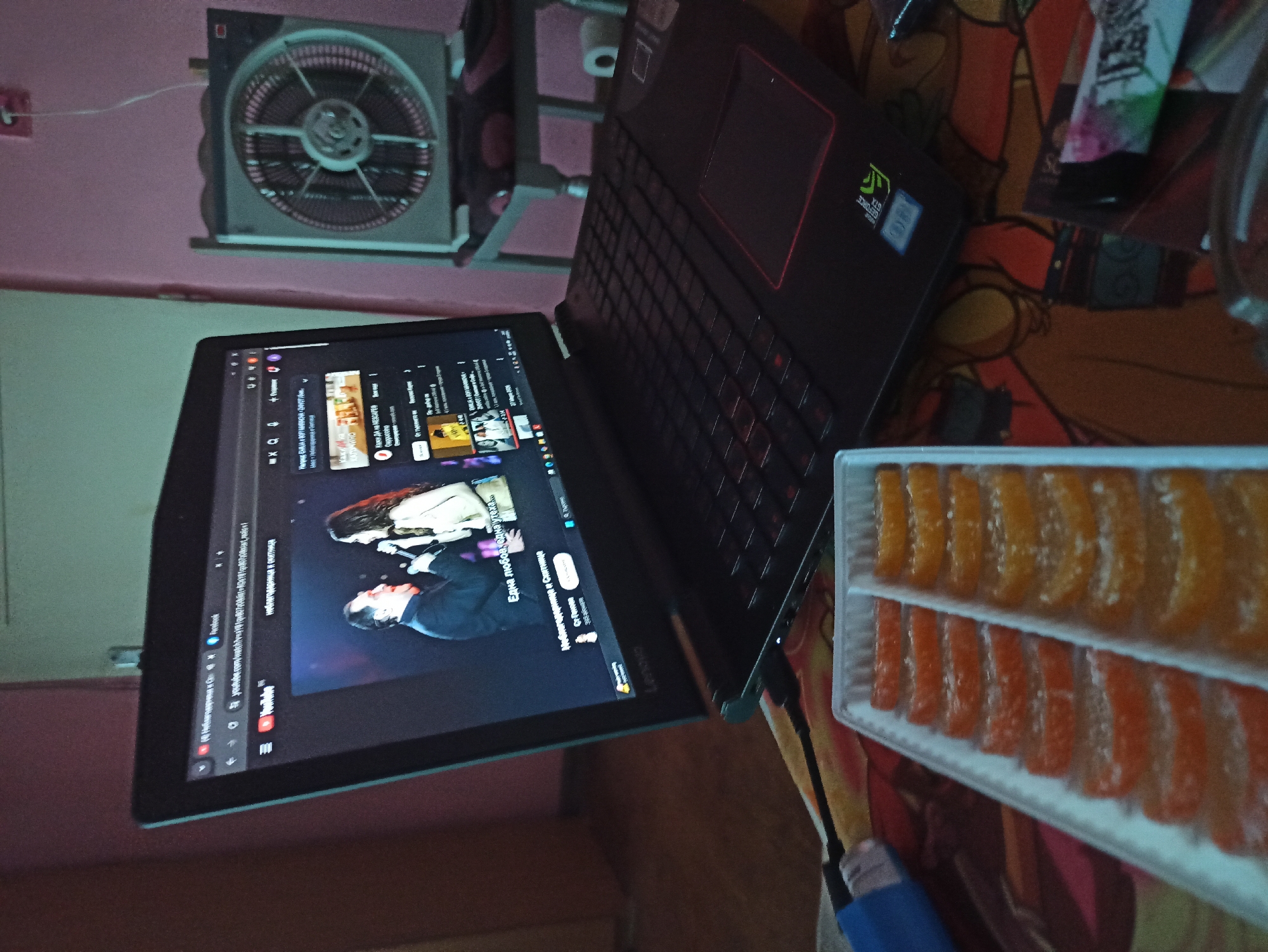 Here is a detailed description of the image:
A laptop sits open, displaying a YouTube video, next to a rectangular container filled with rows of orange-colored, sugary treats. The laptop is black with red accents around the keyboard, and the screen shows a still from a music video titled "Неблагодарница и скитница," which translates to "Ungrateful and Wanderer." The interface of the YouTube website is visible, along with icons for liking, disliking, and saving the video. The container is white, and the treats inside are arranged in neat rows, with some being a lighter orange and others a darker shade.
In the background, there's a wall-mounted fan with a circular grill and a light gray frame. The fan is slightly obscured by a small table with what seems to be miscellaneous items on it. The overall scene appears to be set in a room with a pink wall, and the laptop rests on a surface covered with a colorful patterned fabric. The laptop has a Geforce logo visible on the right corner of the top.