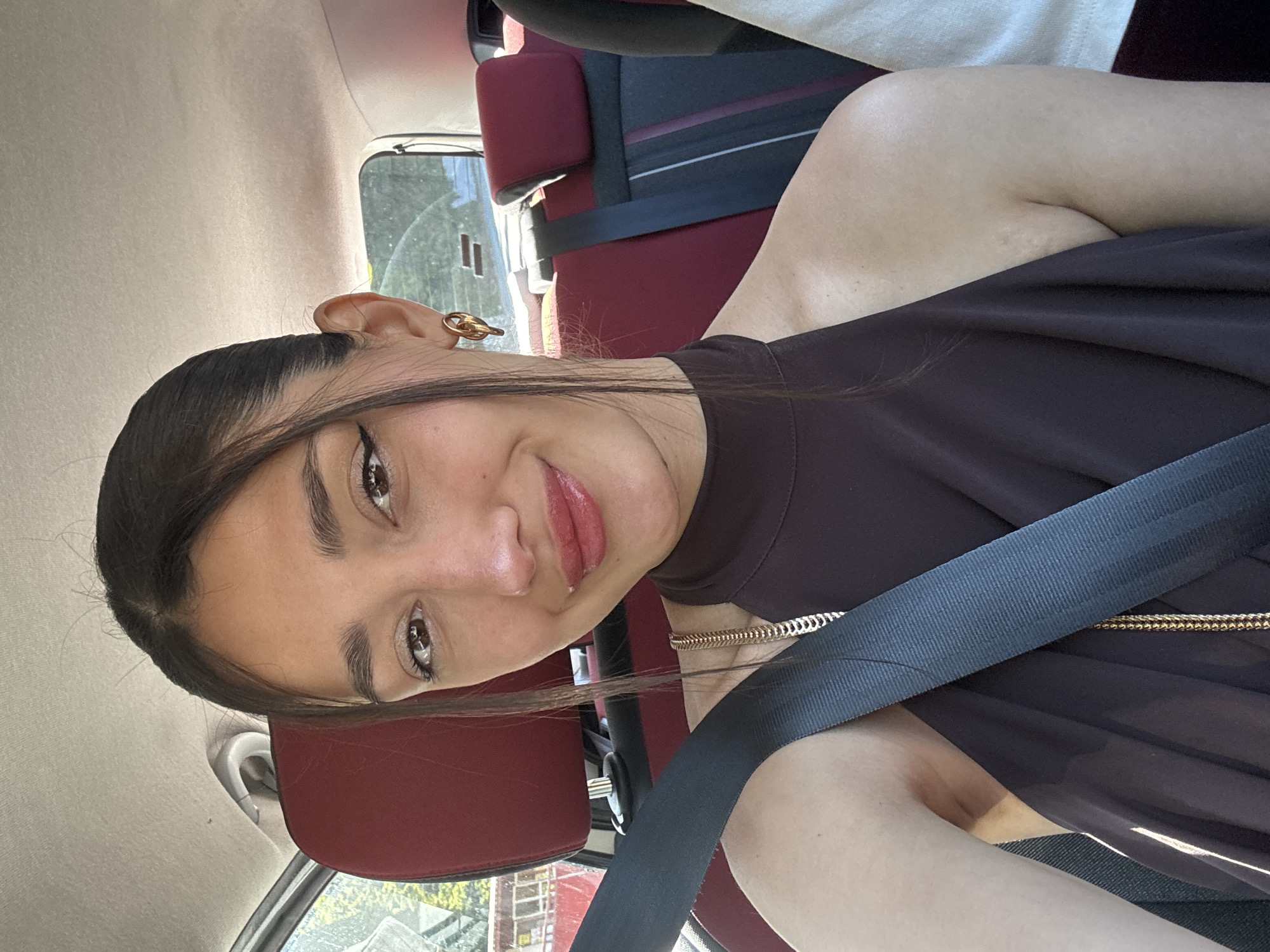 The image shows a person in a car, presumably in Golubovići, Montenegro, given the user's query. The person is wearing a brown top and a seatbelt. They have dark hair pulled back, a gold earring, and appear to be wearing lip gloss. The car has red headrests. Outside the window, there is some greenery and a structure that could be scaffolding.