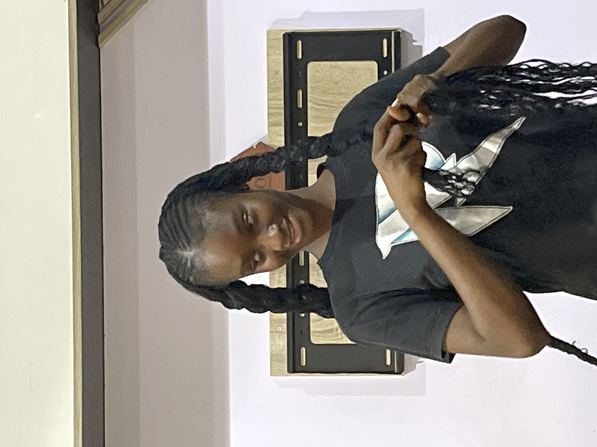 A young woman with braided hair is shown from the chest up in this medium shot. She is wearing a black t-shirt with a white and silver graphic design. Her hair is styled in two long braids, and she is holding some loose strands in her hands as if to adjust them. The woman is looking to her right with a slight smile. Behind her, on a light purple wall, is a wooden frame surrounding a black rectangular object, possibly a television mount. The scene appears to be indoors, with a neutral-colored ceiling visible at the top. The lighting is soft, highlighting the woman's face and hands. The location is identified as Abuja, Nigeria.