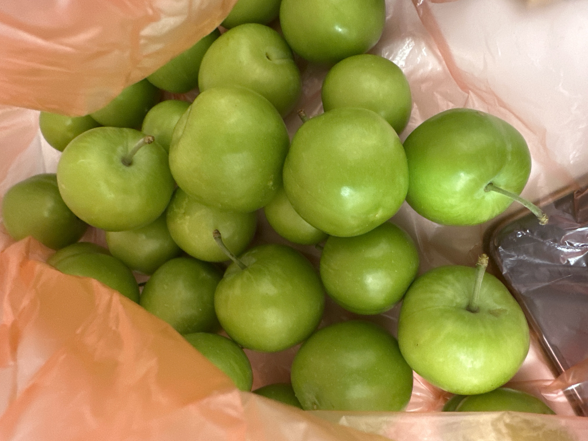 The image shows a collection of round, green fruits with stems, likely plums, inside an orange plastic bag. The background is blurry, but a metallic object is visible on the right. The location is possibly Sofia, Bulgaria, based on the image context, but cannot be confirmed without additional information.