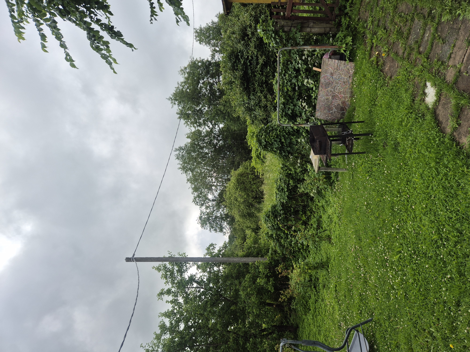 This is a photograph of a backyard in Kehra, Estonia, on a cloudy day. The foreground features a well-maintained lawn with small white flowers. To the left, a portion of a grey swing set is visible. Further into the yard, a metal barbecue grill stands on a concrete slab. Behind the grill, a large piece of plywood covered in colorful chalk drawings leans against a fence. A small table is positioned to the left of the grill. The midground is dominated by dense green foliage, including bushes and climbing vines. A wooden utility pole with wires runs vertically through the scene. In the background, a line of trees forms a natural boundary. To the far right, a section of a yellow building and a wooden gate are visible. The sky is overcast, contributing to the muted lighting of the scene. There are no people present in the image.