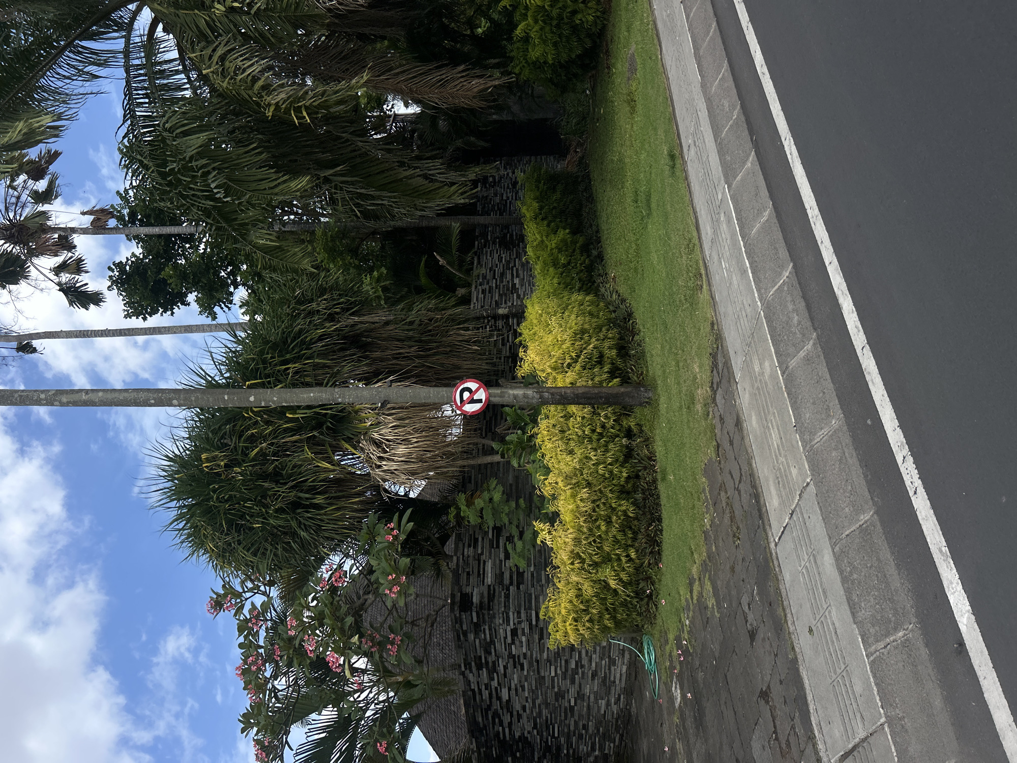 This image depicts a street scene in North Kuta, Indonesia, featuring lush tropical vegetation and a residential stone wall. The foreground shows a paved road with a white line marking the lane, bordered by a grey concrete sidewalk with tactile paving. Beyond the sidewalk is a patch of green grass, followed by a vibrant yellow-green shrubbery. Behind the shrubs is a dark stone wall, and further back, a building with a thatched roof is visible, partially obscured by palm trees and trees with pink flowers. A vertical utility pole stands in the middle ground, displaying a red and white circular sign with a red letter "R" crossed out, indicating "no parking." The sky above is blue with scattered white clouds.