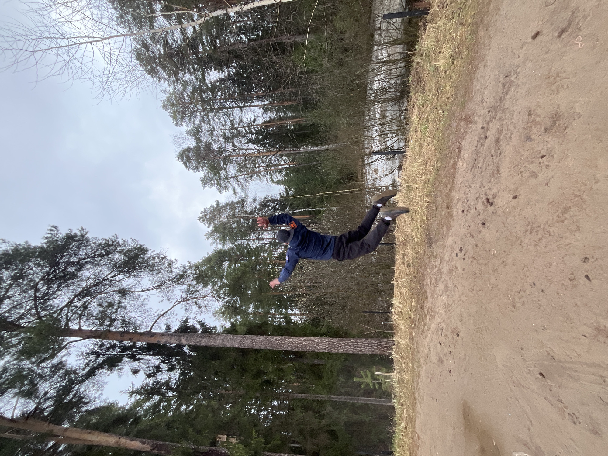 An outdoor image depicts a person in mid-air, suspended against a backdrop of trees and an overcast sky. The scene is oriented as if the person is jumping or falling towards the viewer, with their arms outstretched and legs bent.
The main subject is a male figure, dressed in a dark, possibly navy or black, long-sleeved top, dark pants, and dark shoes or boots. A dark cap or beanie is on his head. An emblem or patch, appearing yellow/orange with dark details, is visible on his left sleeve, though its specific text or design is indistinguishable.
The setting is a natural environment, likely a forest edge or park. A dirt path or bare ground, mixed with patches of dry, light-brown grass, forms the lower foreground and mid-ground. The background is dominated by numerous trees, a mix of tall conifers (like pines) with dark green needles and some bare deciduous trees, suggesting late winter or early spring. The sky above is entirely overcast with a light grey tone, indicating a cloudy daytime. A small, young conifer is visible near the base of a larger tree in the mid-background. The overall atmosphere appears cool and muted, characteristic of the transition seasons in a northern climate such as Chaikovsky, Russia. There is no legible text visible other than the indistinct emblem on the person's sleeve.