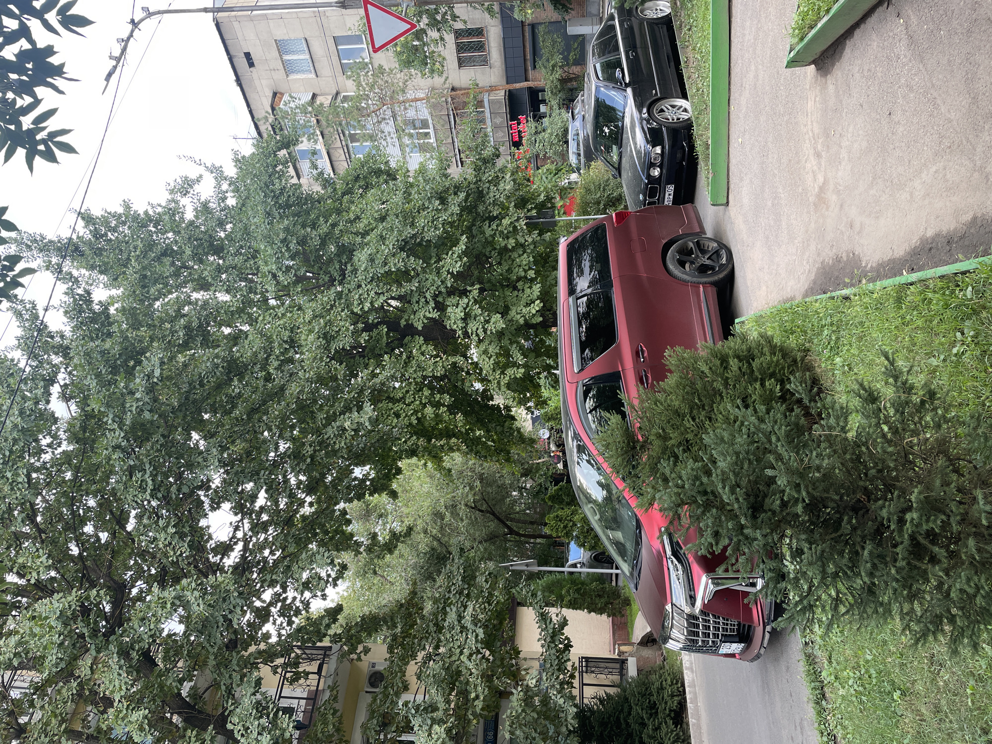 A red minivan and a black sedan are parked on a street in Almaty, Kazakhstan, with large trees and a multi-story building in the background. The red minivan, possibly a Toyota Alphard, is positioned in the foreground and slightly angled towards the left. The black sedan, a BMW, is parked to the right of the minivan, facing towards the right. The building behind the cars appears to be a residential or commercial complex with several windows and balconies. The street is paved, and there is green grass and some small bushes alongside the road. The sky is overcast, suggesting a cloudy day. A traffic sign is visible on the right side of the image, near the building. The license plate of the black sedan is partially visible and reads "4BPW 05".