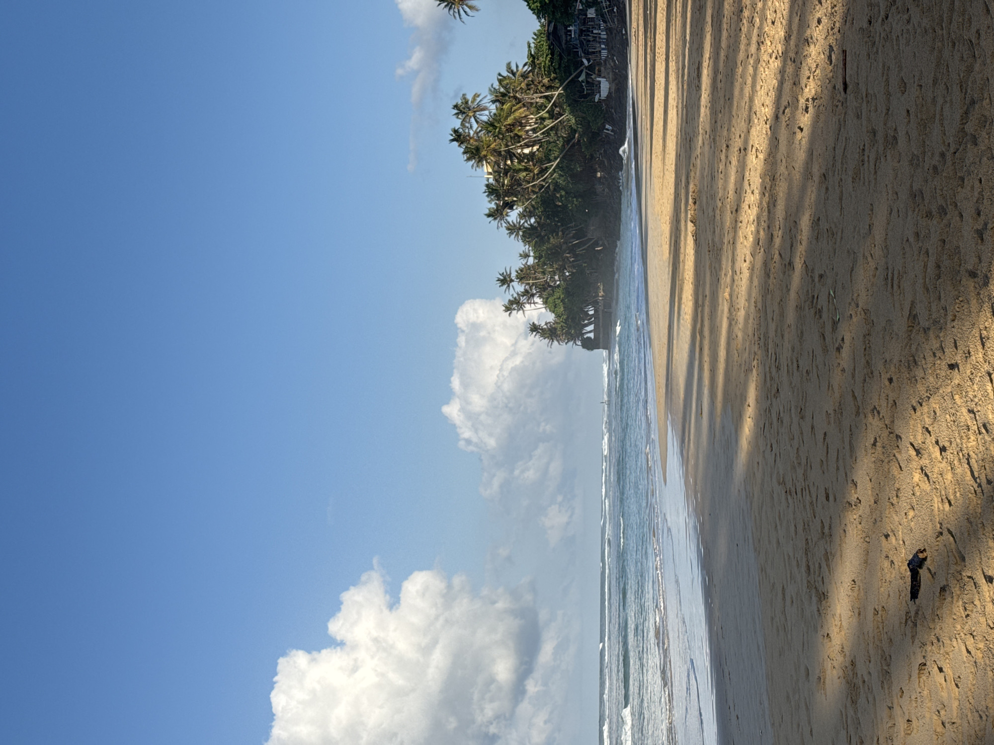 This is a vertical, eye-level, outdoor, full shot photograph of a beach in Kathaluwa, Sri Lanka. The sand in the foreground is golden and textured with footprints and a dark, rectangular object. Shadows of palm trees are cast across the sand from the right side of the frame. The ocean is a turquoise blue with white waves lapping at the shore. In the midground, a rocky outcrop is covered with lush green vegetation and palm trees, with a building visible behind them. The sky is a bright, clear blue with large, fluffy white clouds on the left side of the frame.