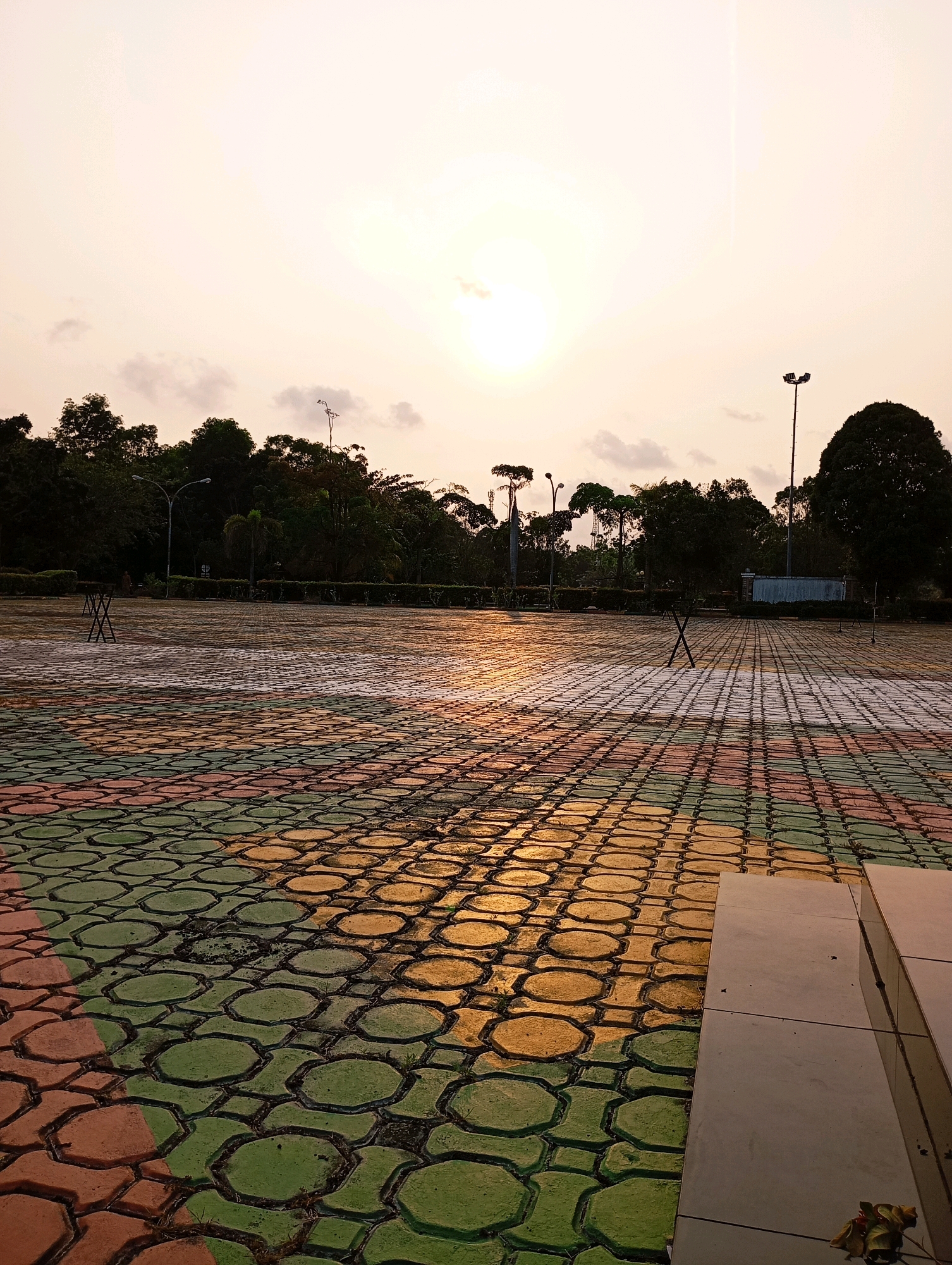 The image depicts an outdoor plaza in Tanjung Balai Karimun, Indonesia, during what appears to be sunset or sunrise. The ground is paved with hexagonal interlocking bricks in various colors, including orange, green, and yellow. The bricks are slightly damp, reflecting the warm, soft light from the sky. In the foreground, two light-colored concrete steps or ledges are visible on the right side.
The middle ground shows the expansive plaza extending towards a line of trees and foliage in the background. Several tall streetlights are positioned along the tree line. Two black, X-shaped objects, possibly temporary barriers or decorations, are placed on the paved area.
The background is dominated by a dense line of dark green trees, with some taller, more slender trees interspersed. The sky is a pale orange and yellow, with a soft glow suggesting the sun is low on the horizon or just below it. A few wispy clouds are scattered across the sky. The overall atmosphere is serene and quiet, typical of a public space at dawn or dusk. There are no visible people in the image.