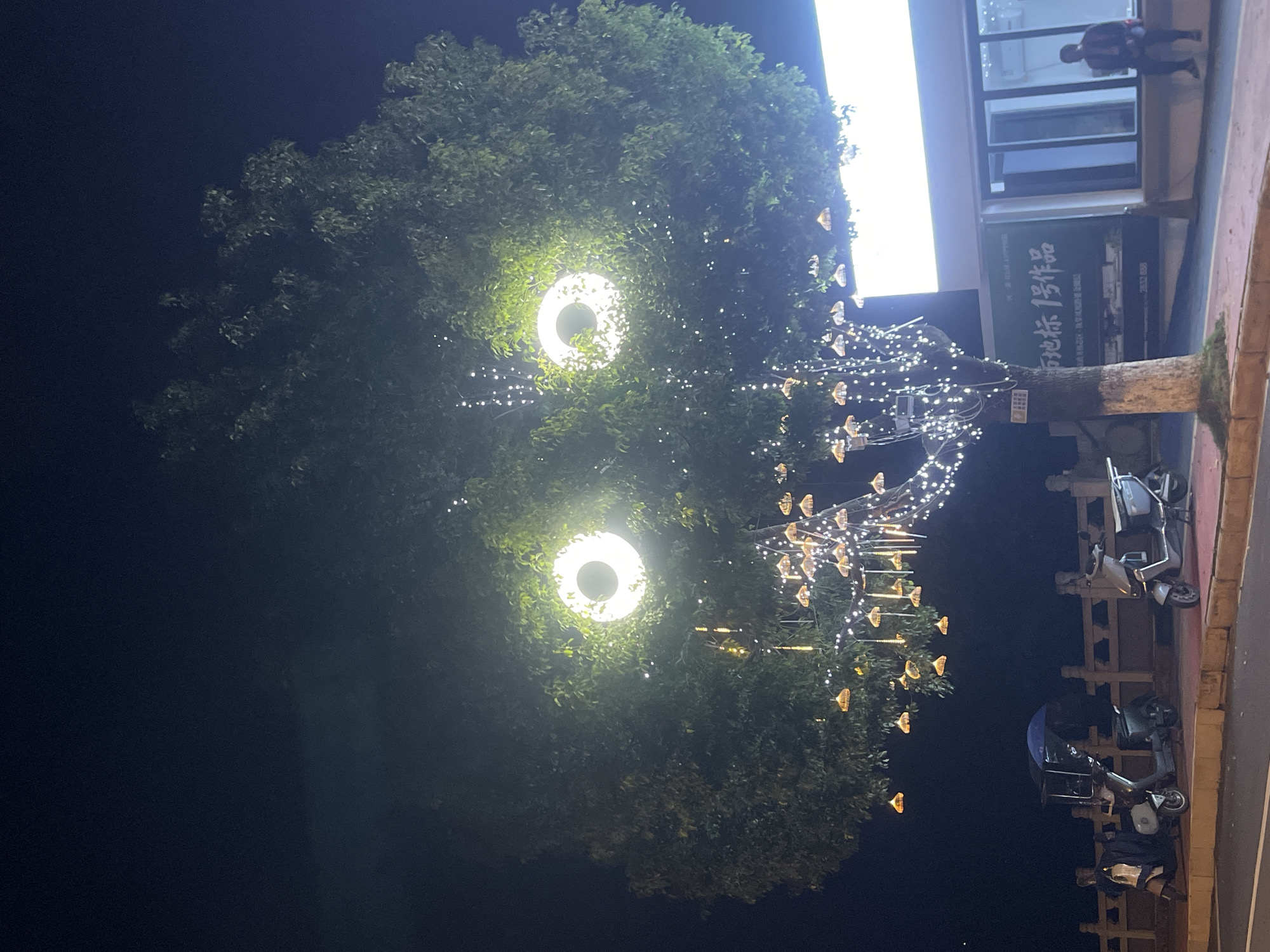 At night, a tree is decorated with lights, giving it the appearance of a giant face with glowing eyes. Two large circular lights serve as the eyes, while smaller string lights and hanging decorative elements represent the mouth and surrounding features. The tree is situated in front of a building with large windows and signage. Several electric scooters are parked nearby on a sidewalk, and a person is seated on a ledge outside the building. The scene appears to be in an urban or semi-urban setting, possibly along a street or promenade.