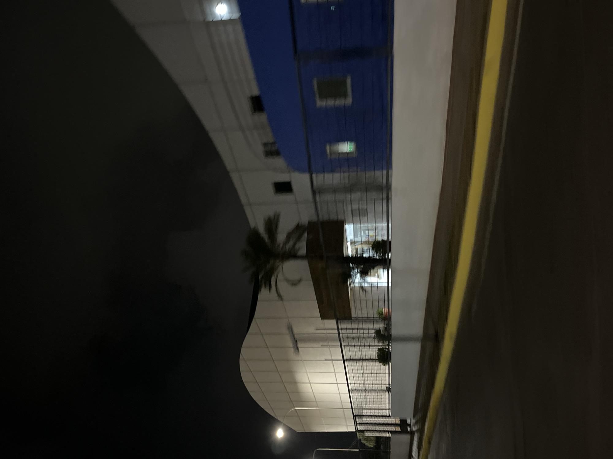 The image depicts a night scene in Juan Griego, Venezuela. A modern building with a curved, white facade dominates the view. A section of the building is painted blue, with visible windows. A single palm tree stands in front of the building. The building is enclosed by a black metal fence. To the right, a sidewalk with a yellow painted edge is visible. The rest of the scene is shrouded in darkness. No people are visible.