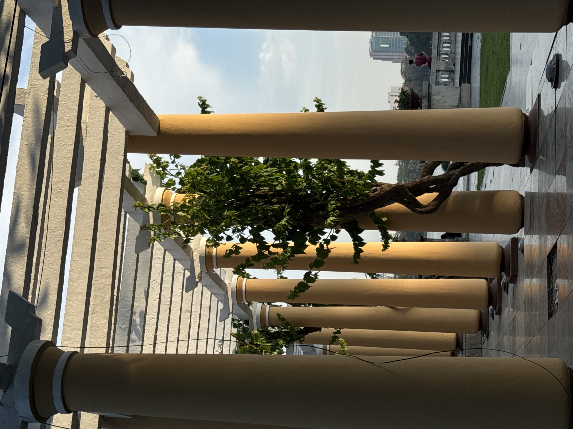 The image shows a series of cylindrical columns in Hà Nội, Vietnam. The columns are arranged in a row, with green foliage growing between them. In the background, there are buildings and a person walking on a pathway. The columns appear to be part of an architectural structure.