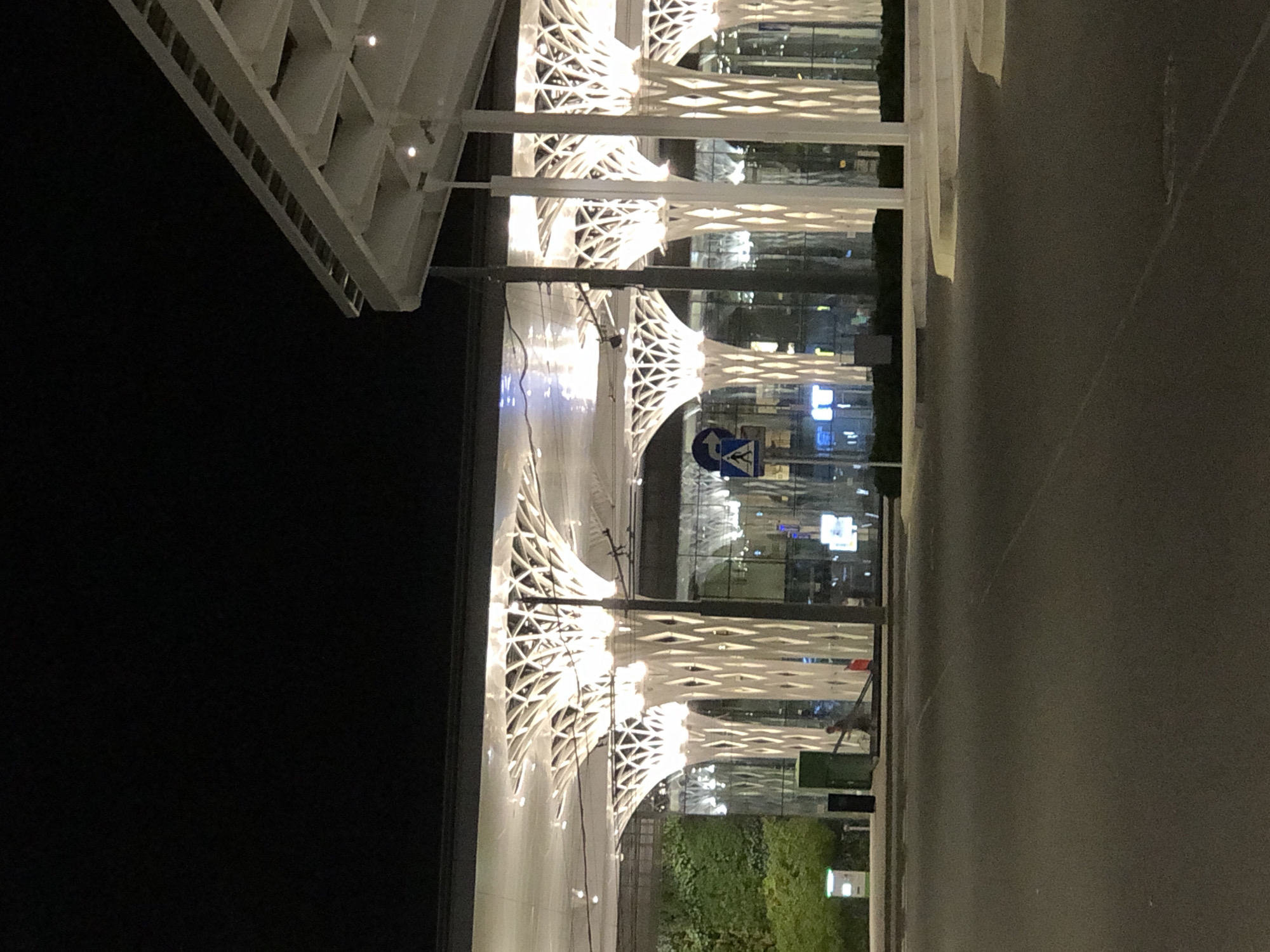 The image shows a modern building at night with illuminated, tree-like pillars. A person is visible in the lower left, appearing to push a long, narrow object, possibly a broom, across a paved area. The building features large glass windows reflecting the interior lights and the external pillars. The foreground is a dark asphalt road. The scene is set in the city of Lublin, Poland, specifically at the Lublin Airport, which is known for its distinctive architectural design.
