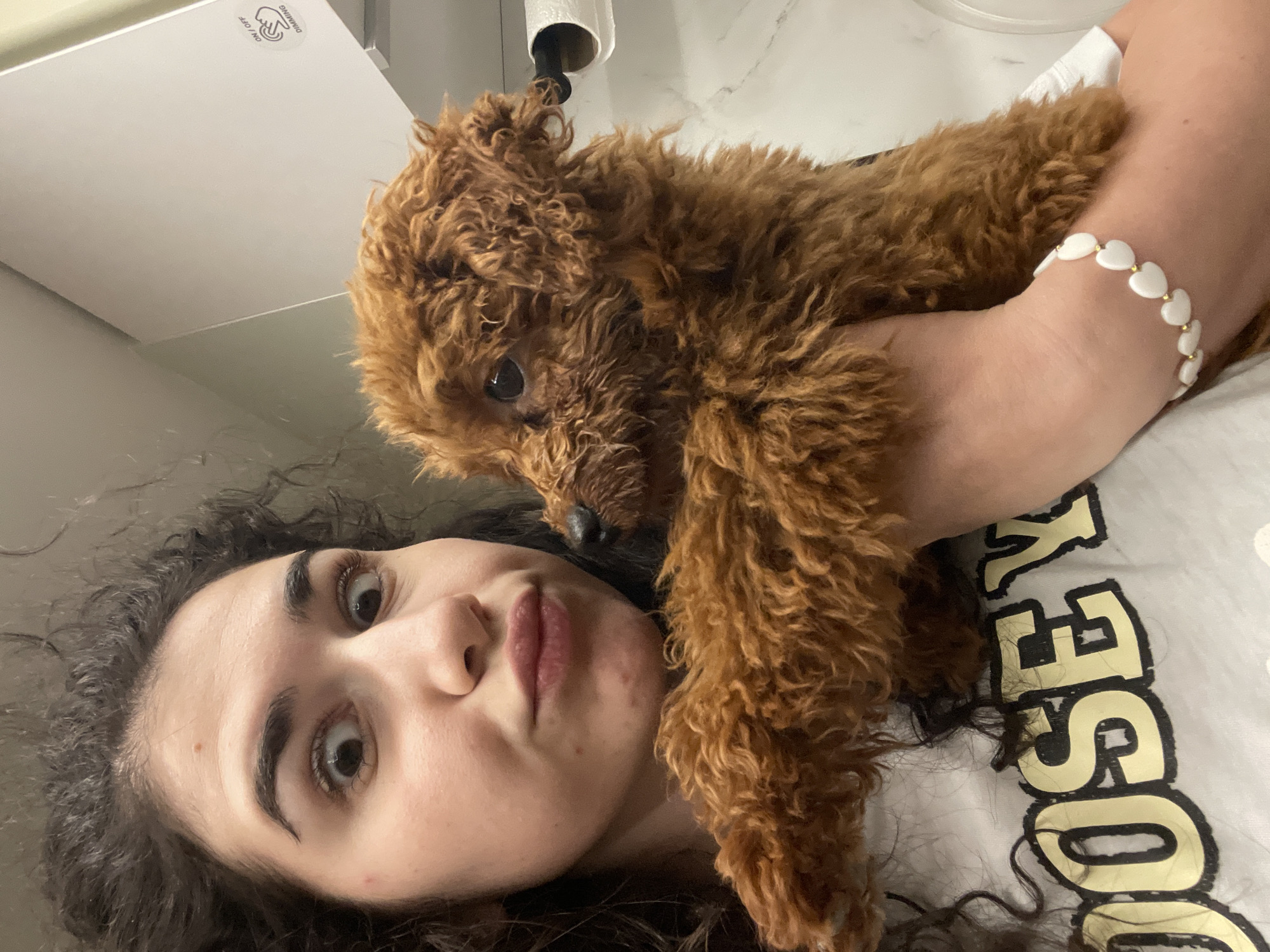 A person with curly dark hair is lying down, holding a brown curly-haired poodle. The person is wearing a white t-shirt with gold lettering and a white bracelet with heart-shaped beads. The background includes a white surface and a toilet paper dispenser. The location is not discernible as being in Sofia, Bulgaria based solely on the image content.