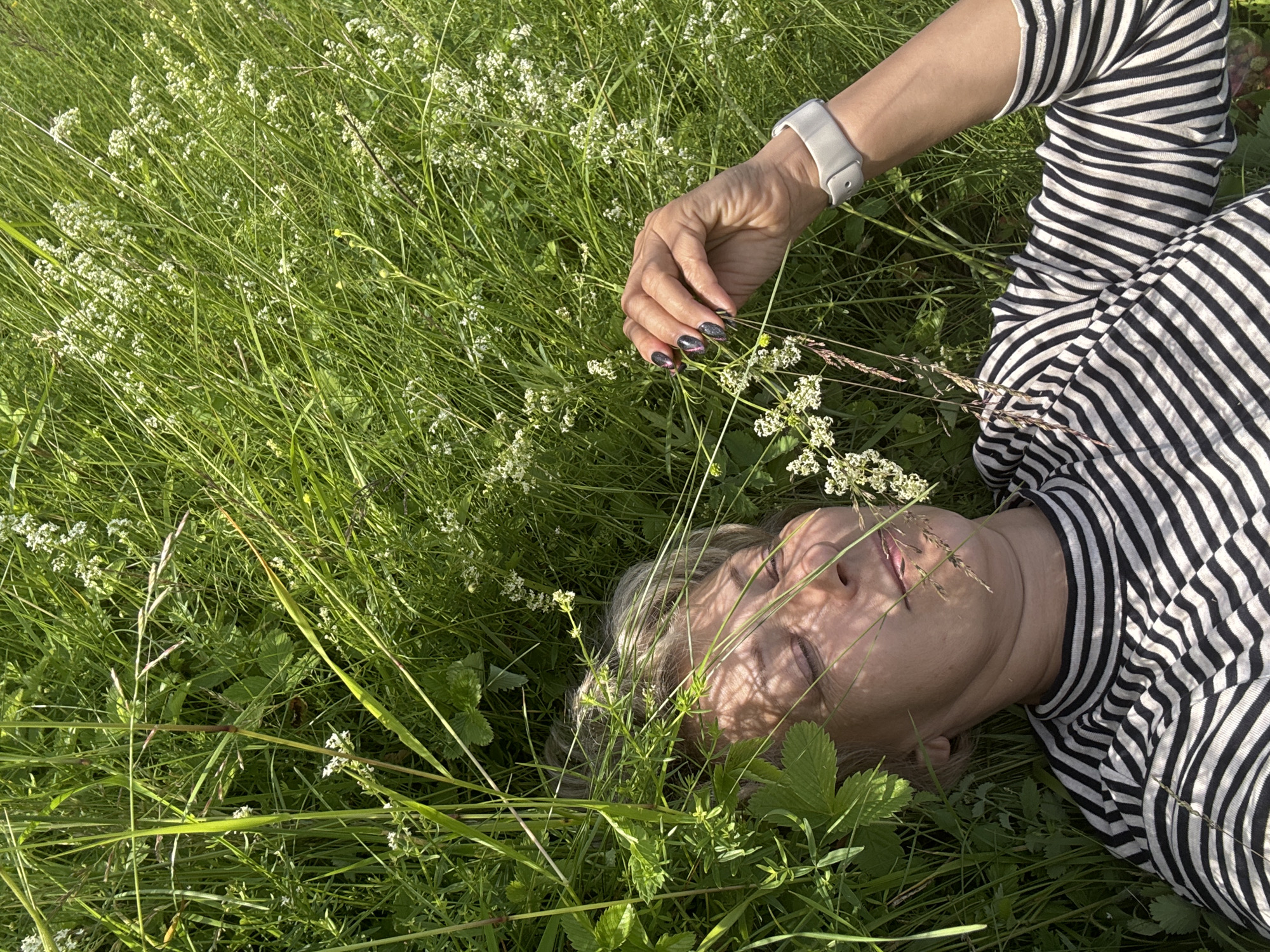 A woman is lying in tall green grass on a sunny day. She is wearing a black and white striped shirt and a white watch. Her eyes are closed, and her head is resting on the grass. Her right hand is reaching out, touching some small white flowers. The grass is lush and green, with some scattered white wildflowers. Sunlight filters through the grass, casting shadows on her face. The scene suggests a peaceful moment in nature. The specific location in Noviy, Russia, cannot be determined from the visual information provided in the image.