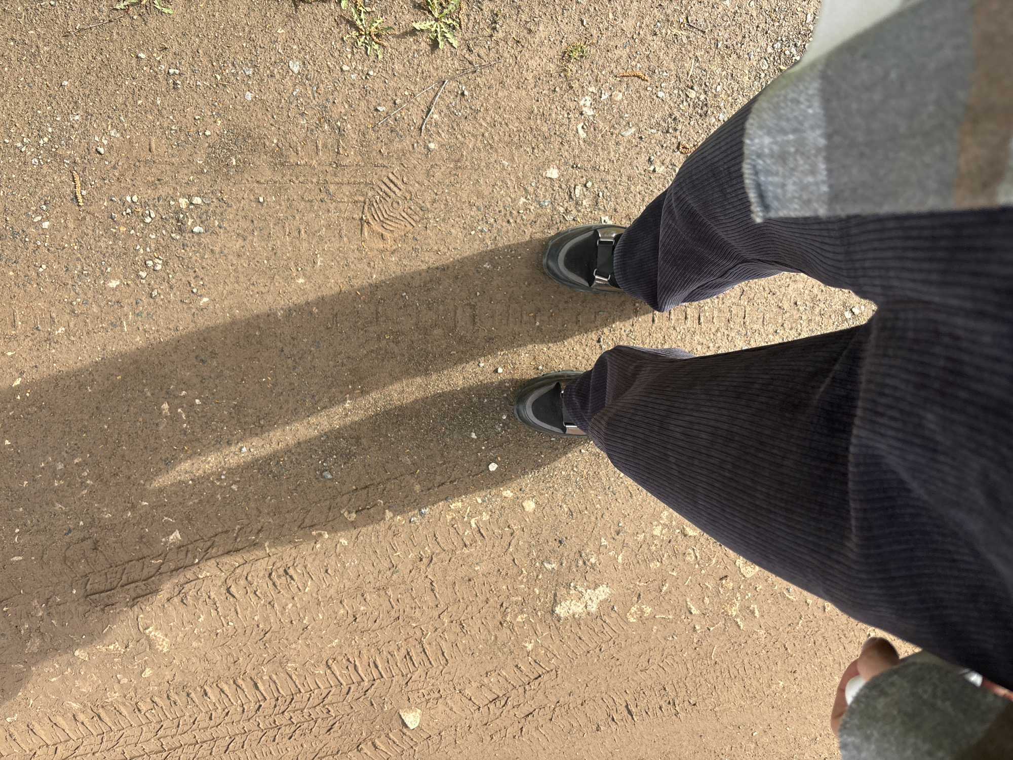 A first-person, overhead shot shows a person standing on a dirt and gravel surface in Ферма, Russia. The individual is wearing wide-wale corduroy pants in a dark color, paired with gray shoes with a black strap. Tire tracks are visible in the dirt, and a small patch of greenery is present in the upper left corner. A gray and white plaid shirt or jacket sleeve is visible on the right side of the frame. Shadows from the individual's legs and shoes are cast to the left.