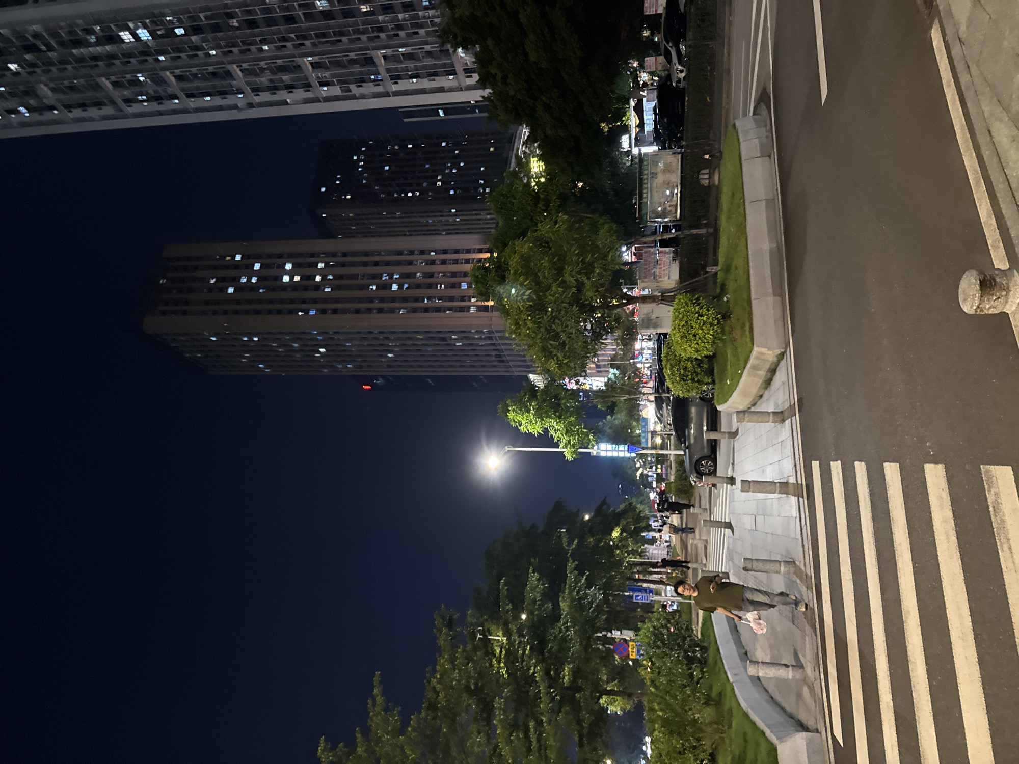This is a nighttime photograph taken from street level, looking towards a busy intersection with modern high-rise buildings. The scene is located in Haizhu District, China. In the foreground, a pedestrian crosswalk with white stripes is clearly visible on the asphalt road. To the left, a man wearing a green t-shirt and grey pants is walking on a sidewalk, holding a plastic bag. He is looking down at his phone. The sidewalk is paved with light-colored tiles and bordered by bollards. Beyond the sidewalk, there are landscaped green spaces with manicured bushes and trees. Streetlights illuminate the area. In the background, several tall, illuminated apartment buildings dominate the skyline, their windows lit up. Cars are parked along the street and some are in motion. The sky is dark, indicating nighttime.