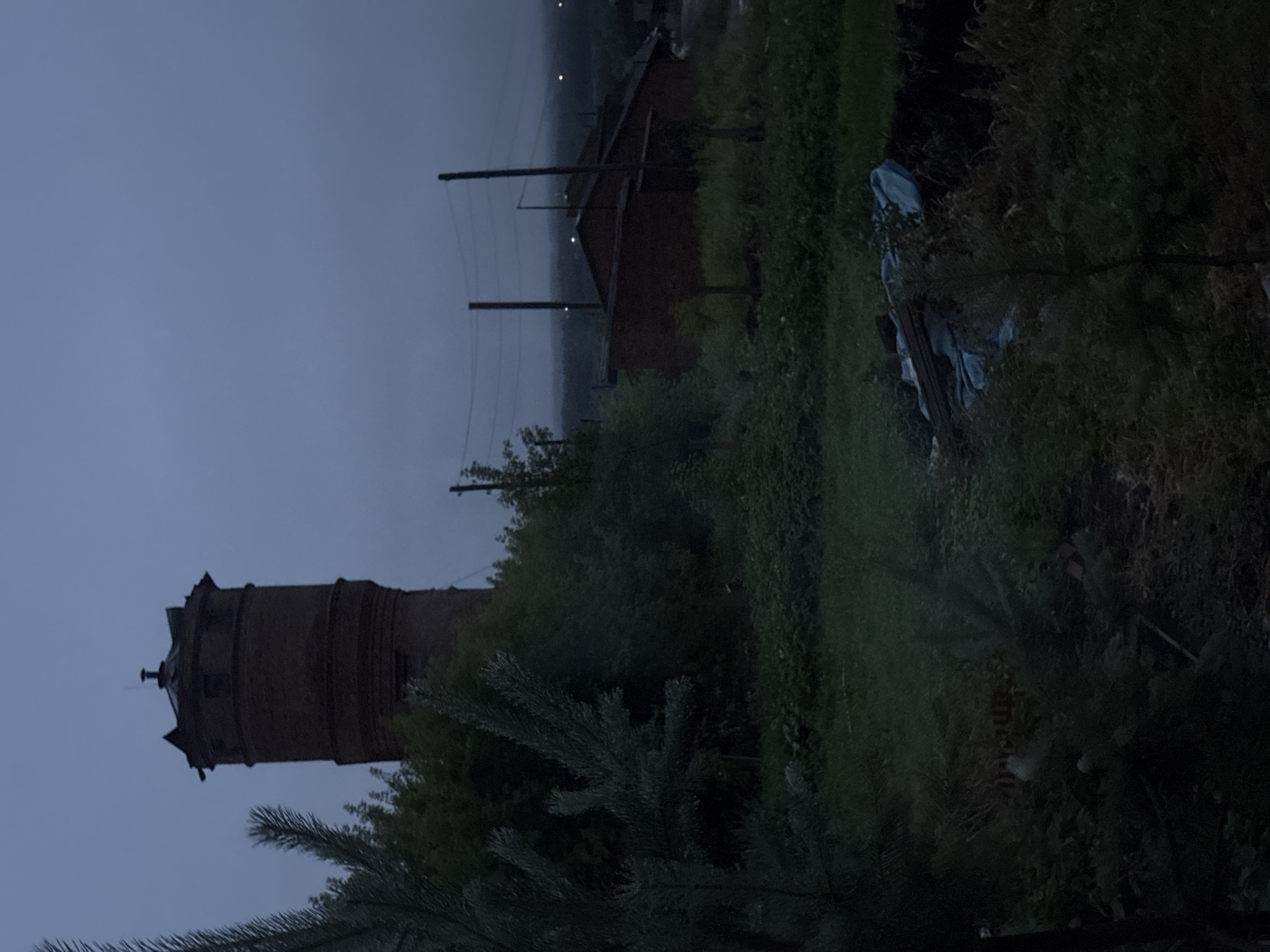 The image captures an outdoor scene in Malmyzh, Russia, under a dim, overcast sky, likely at dusk or during foggy conditions. Dominating the left side of the frame is a tall, round, brick water tower, showing signs of age with some visible damage to its upper structure. It is surrounded by lush, dark green foliage, including coniferous branches in the foreground.
To the right of the water tower, a low-slung, dark red brick building with a sloped roof is visible, possibly a shed or outbuilding. Several utility poles with wires run across the background, suggesting the presence of infrastructure. The ground in the foreground is uneven and covered with dense green grass and vegetation. In the lower right portion of the image, there is a collection of wooden planks covered with a blue tarp, resting on dark soil. The overall atmosphere is somber and somewhat desolate, characteristic of a rural or semi-rural setting.