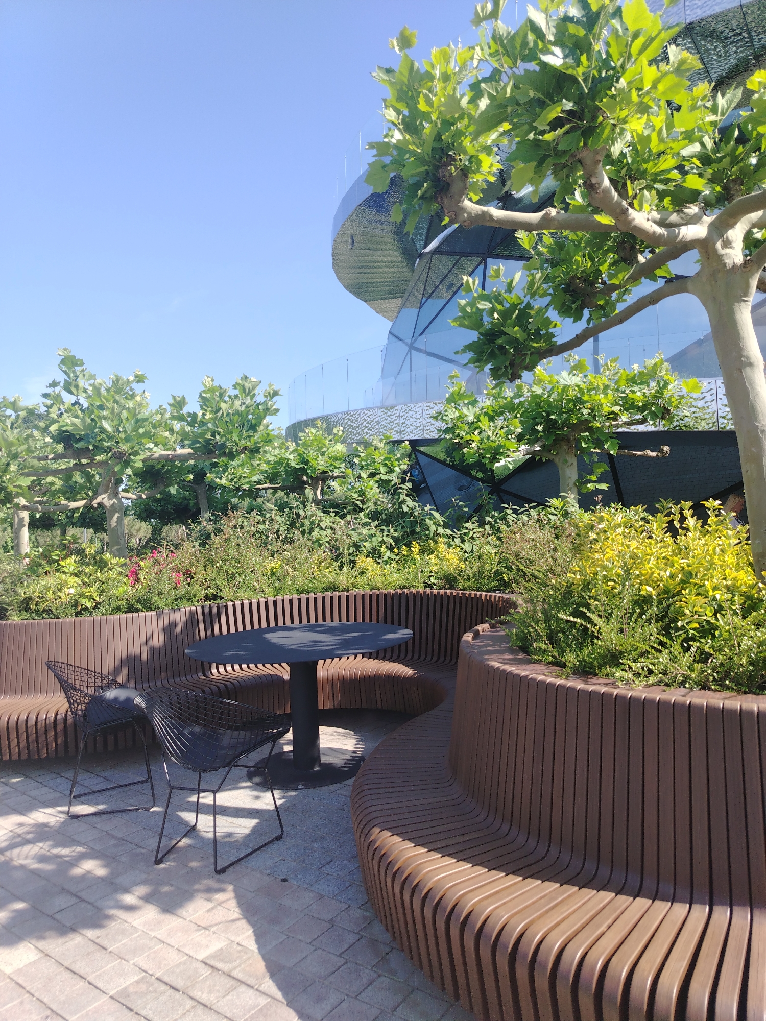 A sunny day with a clear blue sky is depicted in this image, likely taken in Krasnodar, Russia. In the foreground, a circular, dark grey table is placed on a paved area. Two black, wire-frame chairs with dark cushions are positioned at the table. These are set against a curved, brown wooden bench that forms a semi-circle around a planter filled with lush green plants.
The background features a modern, multi-story building with a curved, reflective glass facade. The building's design appears to incorporate angled sections and possibly a darker material or netting element. Large, leafy trees with sturdy trunks are situated in front of the building, their branches extending towards the viewer and casting shadows on the ground. The overall impression is an outdoor seating area or patio, possibly part of a public space, park, or commercial establishment. The presence of contemporary architecture alongside mature trees suggests a well-maintained urban environment.