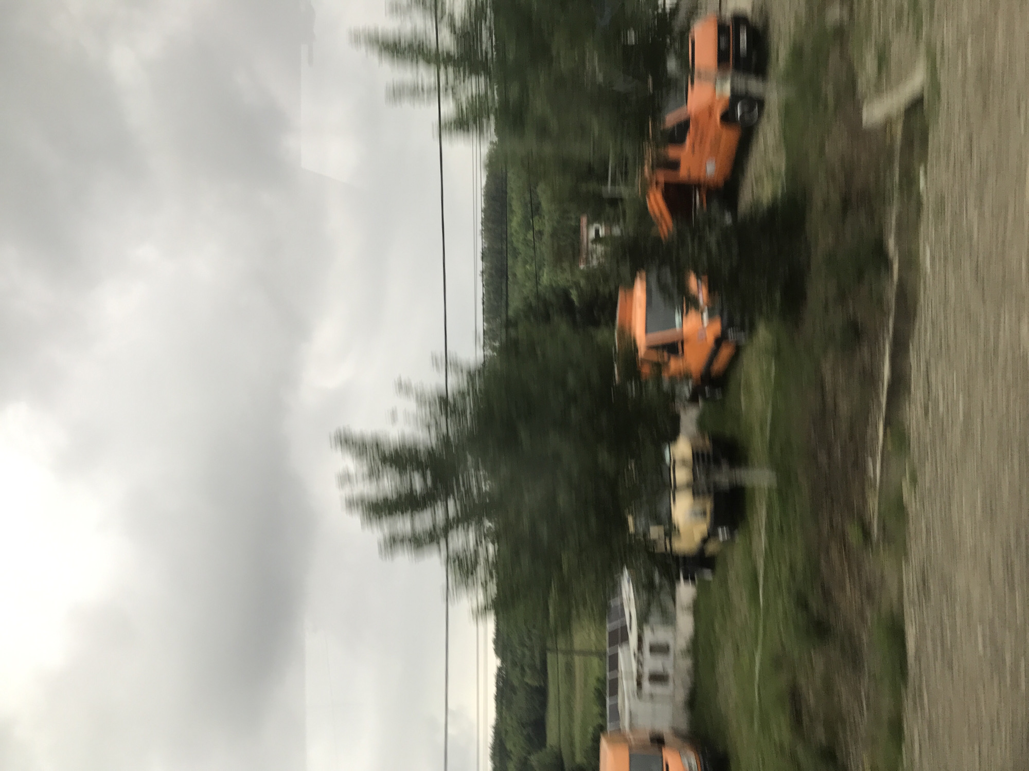 The image, taken in Cristești, Romania, presents an outdoor scene under a heavily overcast, light gray sky. Two dark, thin horizontal lines, consistent with utility wires, traverse the upper midground. The scene is characterized by significant motion blur, particularly affecting trees and ground elements, suggesting capture from a moving vantage point.
In the midground, a series of utility vehicles are parked on a grassy area. From left to right, a partial view of an orange van is visible. Immediately behind it and to its right stands a small, white, single-story building featuring multiple dark, rectangular window-like openings and a roof structure that appears to incorporate solar panels or a similar metallic installation. Further right, a yellow utility vehicle is partially obscured by vegetation. Adjacent to it are two distinct orange utility trucks, each equipped with specialized apparatus on its rear bed, possibly small cranes or lifting devices.
Numerous green trees, appearing blurred due to motion, are distributed across the midground and lower background. Beyond the parked vehicles and building, a flat green field extends, meeting a dense, dark green treeline or forest on the horizon. The immediate foreground consists of a blurred, textured surface of brownish-gray and green tones, consistent with an unpaved road or a grassy verge. No individuals are present in the frame.