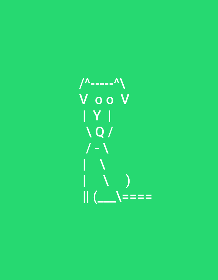 The image features a piece of ASCII art rendered in white text against a solid, vibrant green background. The ASCII art depicts a stylized, minimalist character resembling a cat or a small animal.
The head of the character is formed by `/^-----^\`, suggesting pointed ears and a rounded cranium. Below this, `Voo V` represents the face, with the `oo` clearly functioning as eyes. Further down, `|Y|` and `\Q/` contribute to the facial features, possibly indicating a nose and mouth or additional stylistic elements. The body begins with `/-\`, extending into `|\)` which suggests a bent limb or arm. The base of the figure is defined by `||(___\===`, portraying a sitting posture or lower body, with `(___\` forming the main body and `===` possibly representing a tail or a resting surface.
The composition is entirely static and digital in appearance, with no specific activity or event taking place. The background is unadorned, providing a stark contrast to the white text art. The only visible text within the image is the ASCII art itself. While the image is provided in the context of Lyaskovets, Bulgaria, there are no visual cues within the media file to indicate this location.