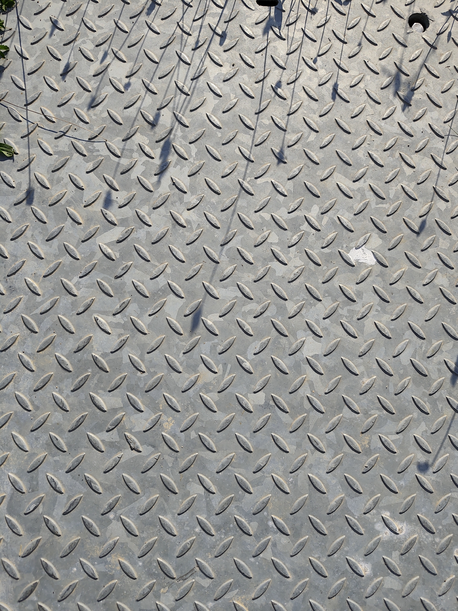 A high-angle, full-frame shot captures a close-up of a weathered diamond plate metal surface. The metal is grey and exhibits a repeating pattern of raised diamond shapes. Shadows of thin, leafless branches are cast diagonally across the surface from the upper left. Some light green foliage is visible in the far upper left corner, along with two circular holes in the metal. The surface appears to be an outdoor manhole cover or access panel. The image lacks any indications of specific location in Prague, Czechia, or any human activity.