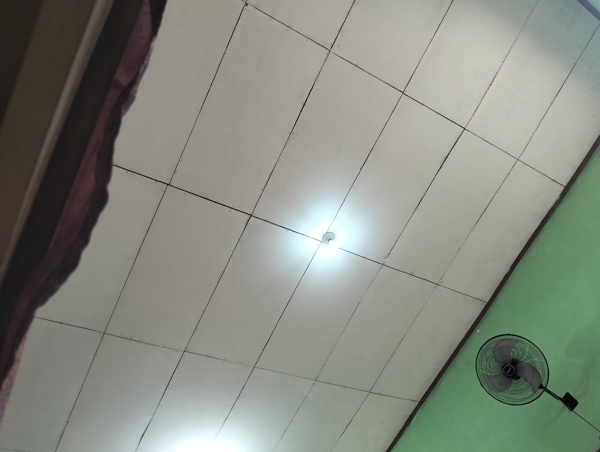 The image shows a ceiling viewed from below. The ceiling is composed of rectangular panels, creating a grid pattern. A light fixture is visible in the center of the ceiling, emitting a bright glow. To the right of the ceiling, a green wall is partially visible, with a black oscillating fan mounted on it. On the left side of the image, a dark, curtain-like object is draped over the edge of the ceiling. The overall scene suggests an indoor environment, possibly a room or a common area. The lighting is somewhat dim, with the central light fixture being the primary source of illumination. The image appears to be taken at an angle, looking upwards.