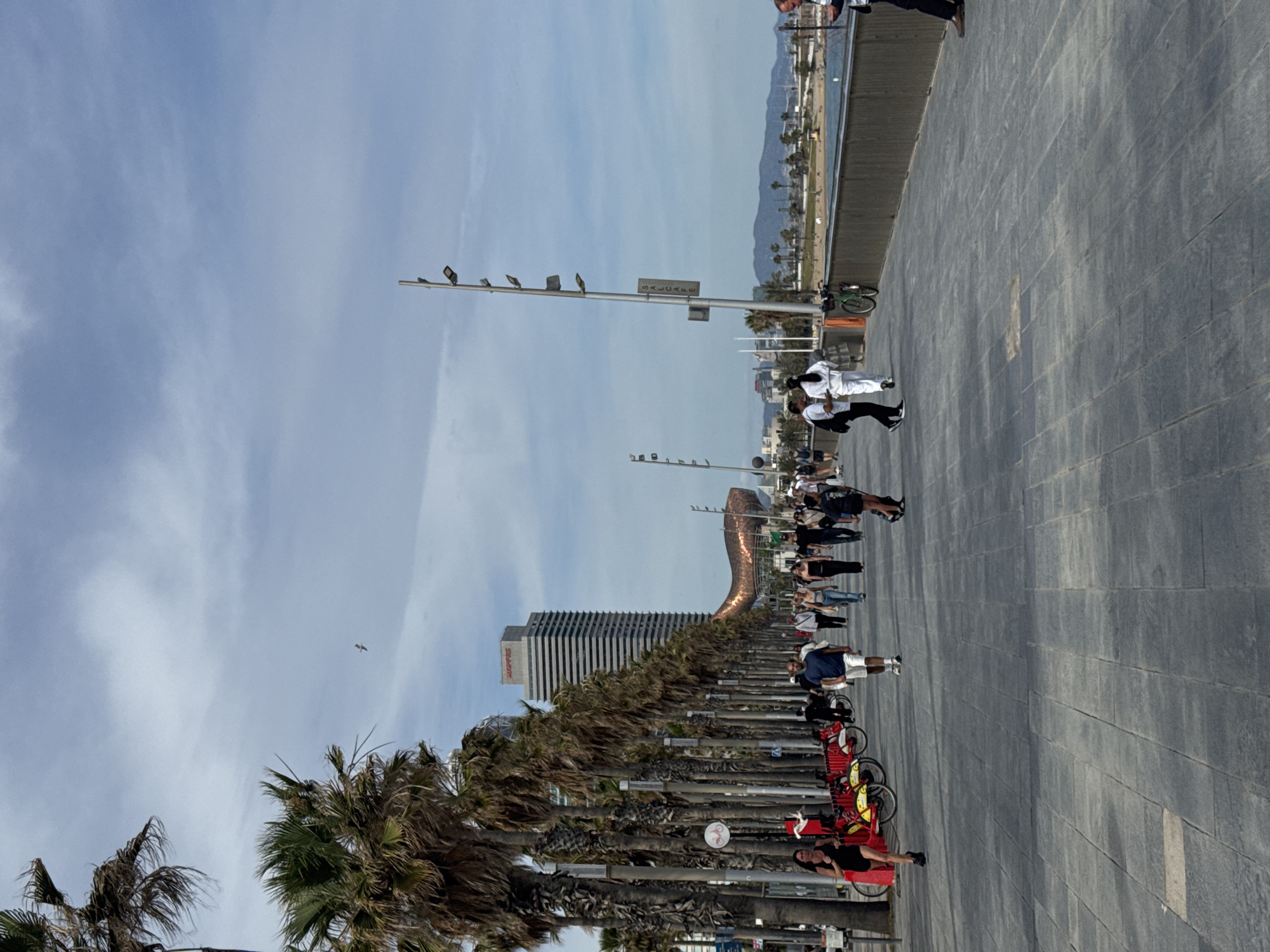 The image depicts a scene on a promenade in Barcelona, Spain. The perspective is from ground level, looking inland from the waterfront. A wide pedestrian walkway made of grey stone slabs runs along the right side of the frame. The iconic "El Peix" (The Fish) sculpture is visible in the background, along with a tall, striped building, likely the Hotel Arts Barcelona. Palm trees line the left side of the walkway, separating it from the beach and sea beyond the frame. People are walking and cycling along the promenade. There's a row of red and yellow bicycle rickshaws parked among the trees, with a person reclining in one. A bird is in the sky. A line of lamp posts stands on the right side of the frame. The sky is blue with some clouds.