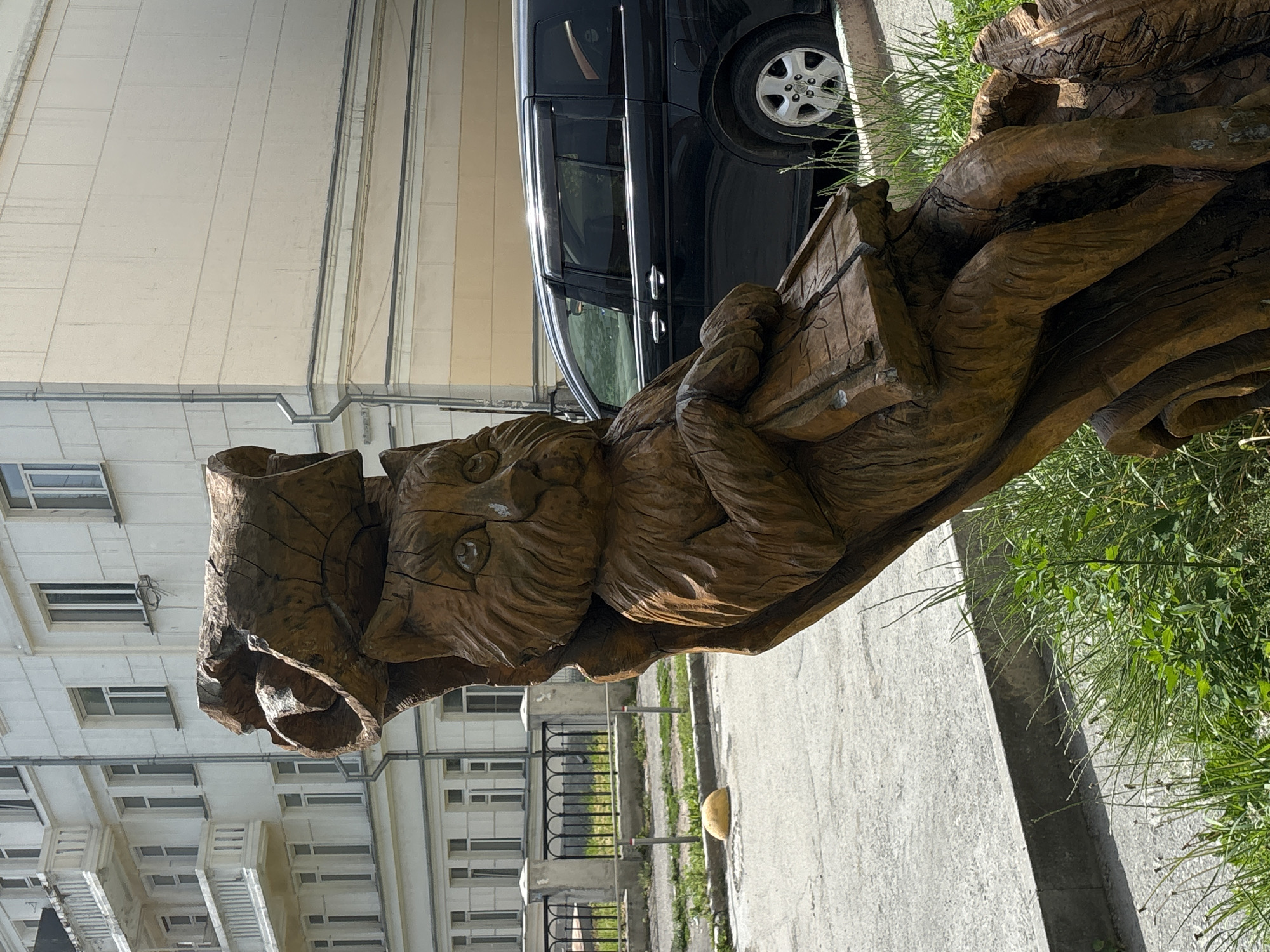 The image depicts a wooden sculpture of a cat sitting with a book. The sculpture is positioned outdoors, with a street, a sidewalk, a fence, and a building in the background. A black minivan is parked on the street. The architecture of the building suggests it is likely in a city, possibly in Eastern Europe given the style. The overcast sky and the presence of grass and trees indicate a temperate climate. The overall scene appears to be a public space, possibly a park or a courtyard.