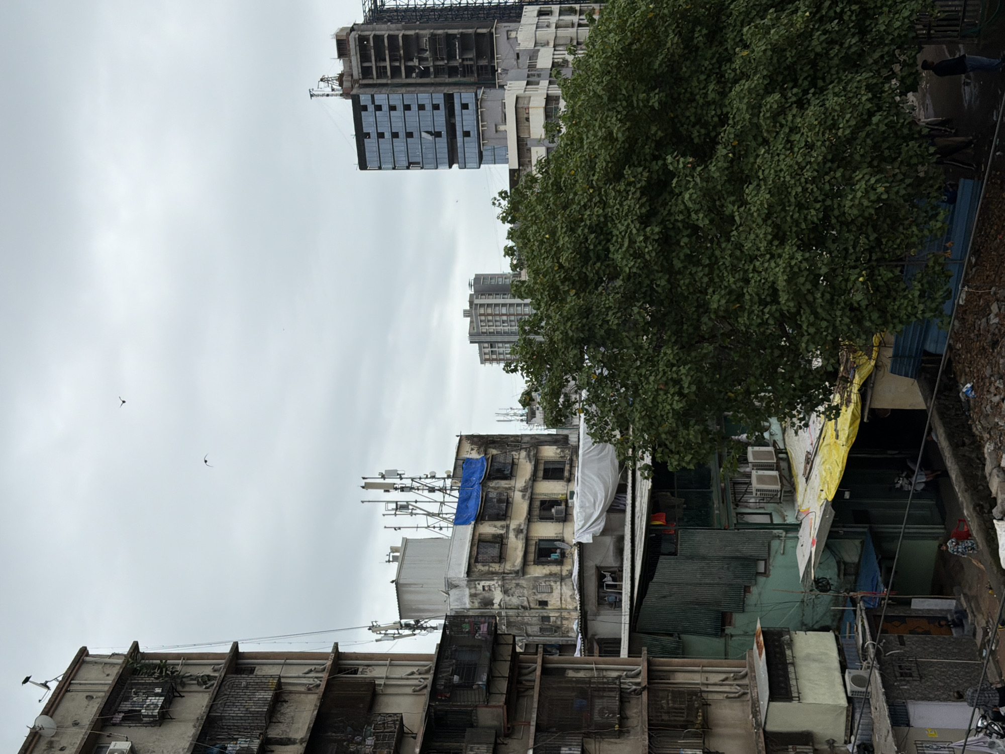 The image depicts a dense urban environment in Mumbai, India, characterized by a mix of old and new architecture, as well as informal settlements. On the left, an aged, multi-story building with balconies covered in metal grates and visible air conditioning units stands prominently. To its right, a slightly less weathered building is topped with numerous cellular antennas, suggesting a hub for telecommunications infrastructure. Further in the background, a modern skyscraper under construction dominates the skyline, its glass facade reflecting the overcast sky. Adjacent to this, another residential building with visible balconies can be seen. The foreground and mid-ground reveal a densely populated area with smaller structures, some with corrugated metal roofs and awnings, indicating a more informal or lower-income settlement. A large, leafy green tree partially obscures the view of the buildings in the mid-ground. Several individuals are present in the lower portion of the image, appearing to be moving about or standing near the buildings. The overall atmosphere is one of a crowded, dynamic city with visible socioeconomic disparities.