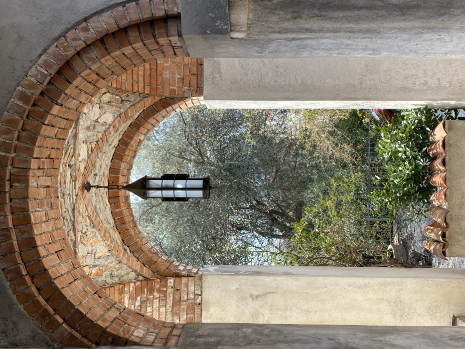 The image displays an architectural passage in Vrijesno, Montenegro, framed by a prominent brick archway. The arch is constructed from reddish-brown bricks, with some exposed rough stone elements integrated into its structure, and is supported by plastered columns; the left column is light-colored, and the right is darker and exhibits weathering. A black, metal-framed lantern, featuring four frosted glass panes, hangs centrally from the arch's apex and is illuminated from within. Below the lantern, a low concrete wall is topped with a row of approximately seven reddish-orange terracotta roof tiles. Through the arch, an outdoor garden scene is visible. A large tree with silvery-green foliage, consistent with an olive tree, occupies the background. Below this tree, dense green shrubs and smaller plants are present. A dark metal fence is partially discernible behind the lower vegetation, and a small section of a red object is visible beyond the fence on the right. The scene is illuminated by natural light, and no individuals or specific actions are depicted.