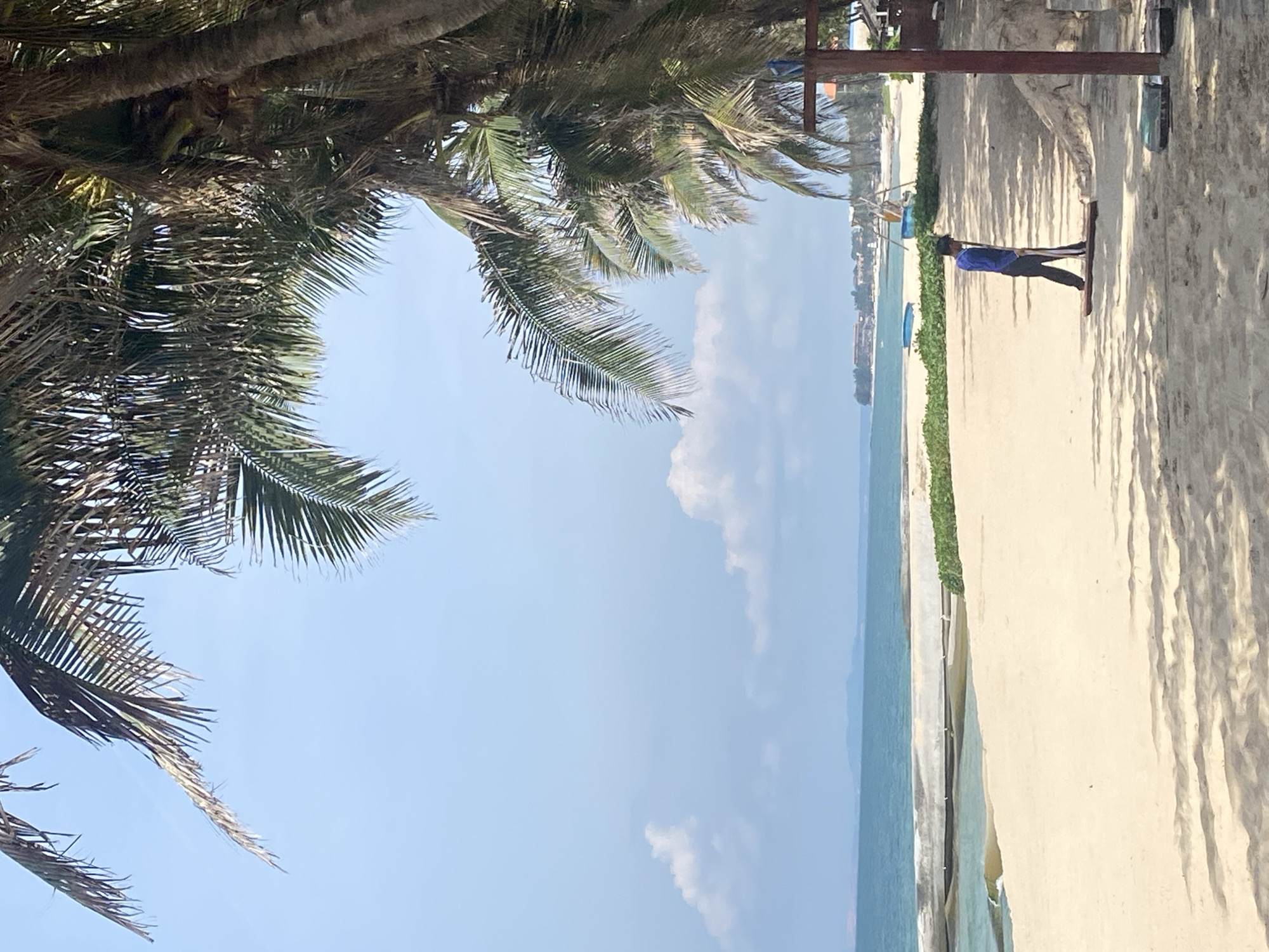 In Phu Thuy Ward, Vietnam, a person in a blue long-sleeved shirt and dark pants is sweeping a sandy beach with a broom. The person is positioned in the mid-ground, casting a shadow on the sand. The beach is lined with palm trees, their fronds creating dappled shade. In the background, the turquoise ocean meets a hazy horizon, with distant buildings and vegetation visible along the coastline. The sky is clear with scattered white clouds.