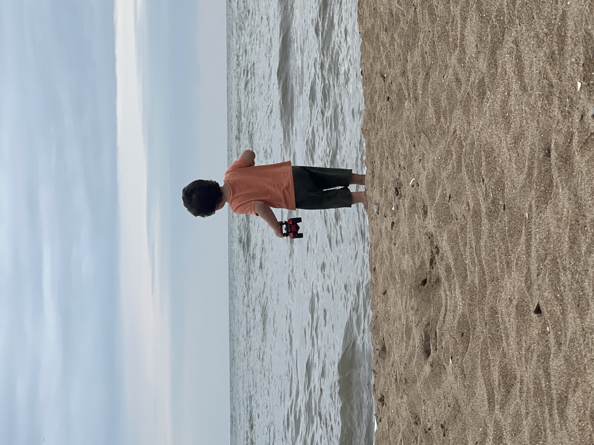 A young child stands on a sandy beach, facing the water, holding a red toy car. The child has dark, curly hair and is wearing an orange t-shirt and dark green shorts. The water is calm with small waves. The sky is overcast with light gray clouds. The location is the Caspian Sea coast in Kaspiysk, Russia.