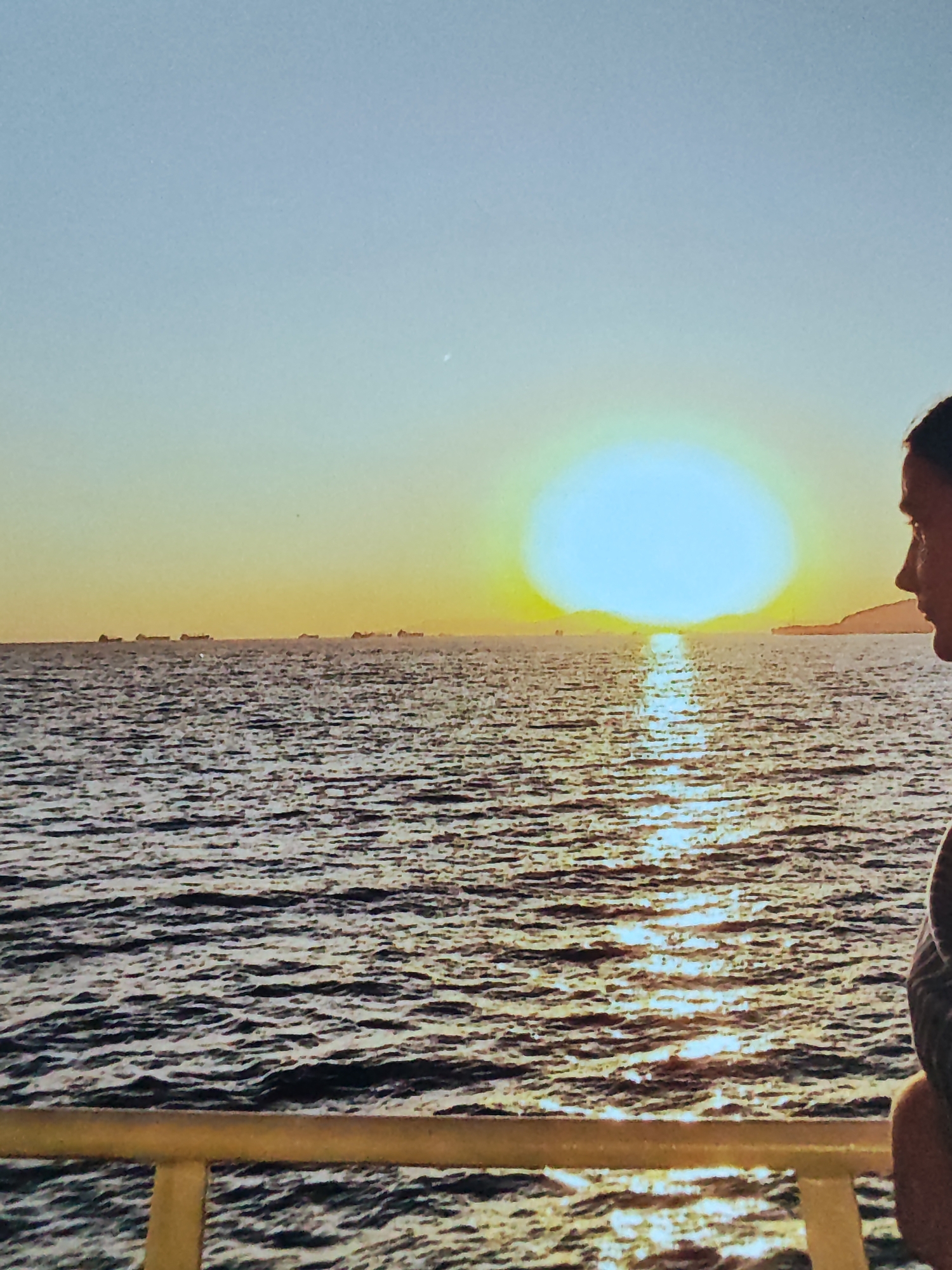 A person is silhouetted against a bright sunset over a calm body of water. The sun, a large, pale yellow orb, is low on the horizon, casting a shimmering reflection on the water's surface. Several ships are visible in the distance, appearing as small dark shapes against the bright horizon. The foreground shows a railing, likely part of a boat or pier, that is golden in color. The sky is a gradient of pale blue at the top to a soft yellow near the horizon. The person, facing to the right, is looking out at the sunset.