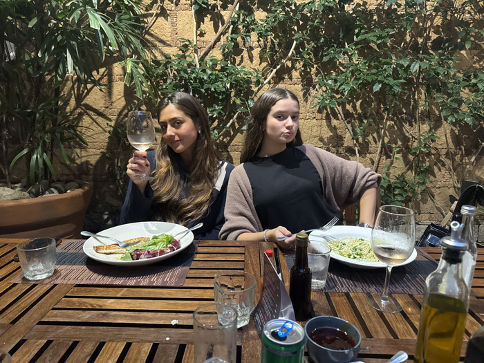 This image depicts two young adult females seated at a slatted wooden table, dining outdoors in Avandaro, Mexico.
The scene is set against a textured, terracotta-toned wall extensively covered with green climbing vines and foliage. On the far left, a large terracotta planter containing a leafy plant is visible. The lighting suggests an evening setting, with artificial light sources casting shadows on the wall.
The individual on the left has long, dark brown hair and is wearing a dark garment with a lighter collar or trim. She holds a stemmed wine glass containing a light-colored liquid, likely white wine, in her right hand, slightly raised towards the viewer. She exhibits a slight smile and is looking directly towards the camera. On the table in front of her is a white oval plate holding what appears to be grilled protein (possibly fish or chicken) alongside a green and red salad. To her left is an empty clear glass tumbler, and her meal rests on a brown placemat.
The individual on the right has long, dark brown hair and is wearing a black top with a brown or beige open cardigan. She holds a fork and knife, with her hands resting near a white round plate containing green-sauced pasta. Her gaze is directed slightly to her left, away from the camera. Next to her plate is a stemmed wine glass, approximately half-full with a light-colored liquid, and a small, clear glass tumbler.
Additional objects on the table, from left to right across the foreground, include a green beverage can with a blue tab, a small dark bowl containing a dark red substance, and two clear glass bottles with pour spouts—one containing olive oil and the other a clear liquid. A black bag is partially visible on the far right edge of the table.