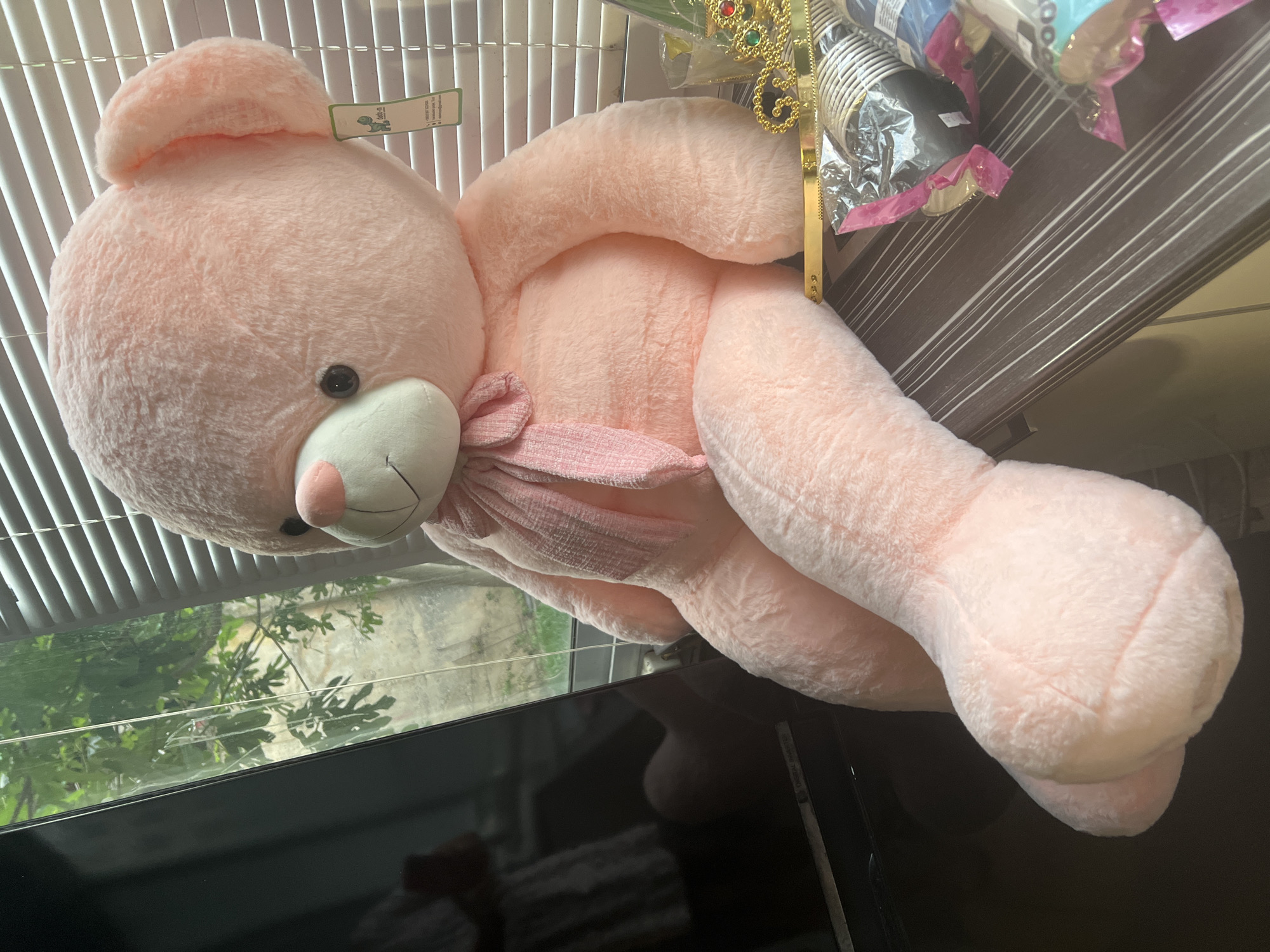 A pink teddy bear with a pink ribbon around its neck lies on a black surface in front of a window with white blinds. The window is partially open, and greenery is visible outside. Party supplies, including cups and a crown, are positioned near the bear. The location cannot be determined from this image.