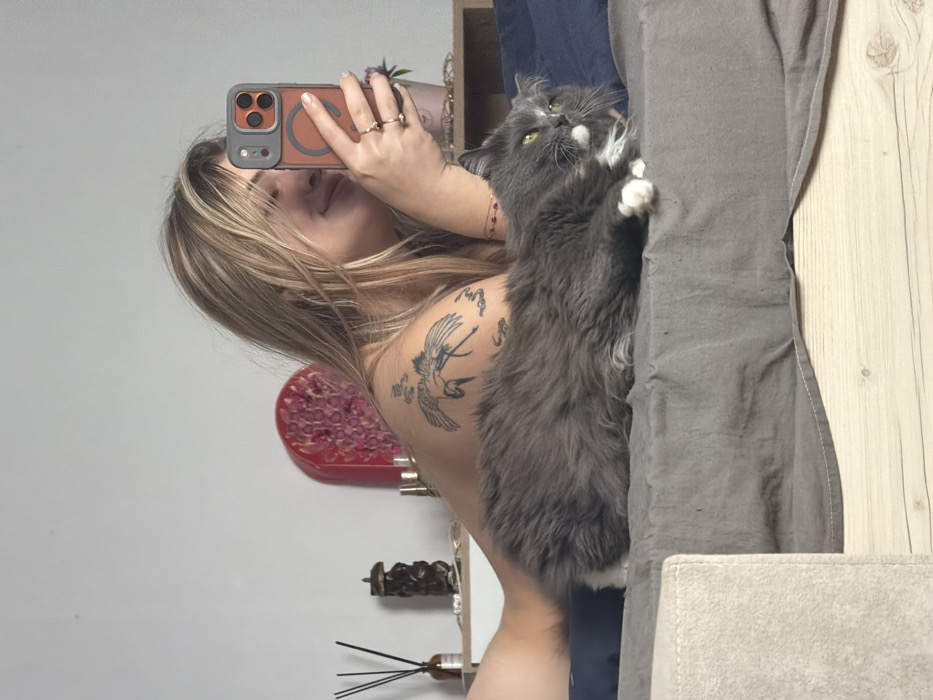 An indoor scene in Большая Шильна, Russia, depicts a woman and a cat positioned on a bed or sofa. The woman, with blonde hair and highlights, is seen from the right shoulder and torso upwards, lying on her left side. Her right shoulder bears a black tattoo featuring a crane and East Asian script. She is holding an orange-cased smartphone with a visible MagSafe ring in her right hand, taking a selfie, and her facial expression suggests a soft smile with eyes partially closed. Rings are visible on her right ring and index fingers, and a bracelet adorns her right wrist. Resting beside her is a long-haired gray cat with white markings on its face and paws, and yellowish-green eyes, lying on its left side facing the viewer. Both subjects are on a dark gray fabric cover, likely a sheet or throw, over a lighter blue layer. The foreground reveals a light wooden bed frame or sofa base and a beige upholstered section. In the background, against a plain white wall, a bedside surface displays a brown glass diffuser bottle with reeds, a dark carved decorative object, and a prominent arched, reddish-pink decorative item with a textured surface. A small plant in a pot is partially visible behind the woman's phone.
