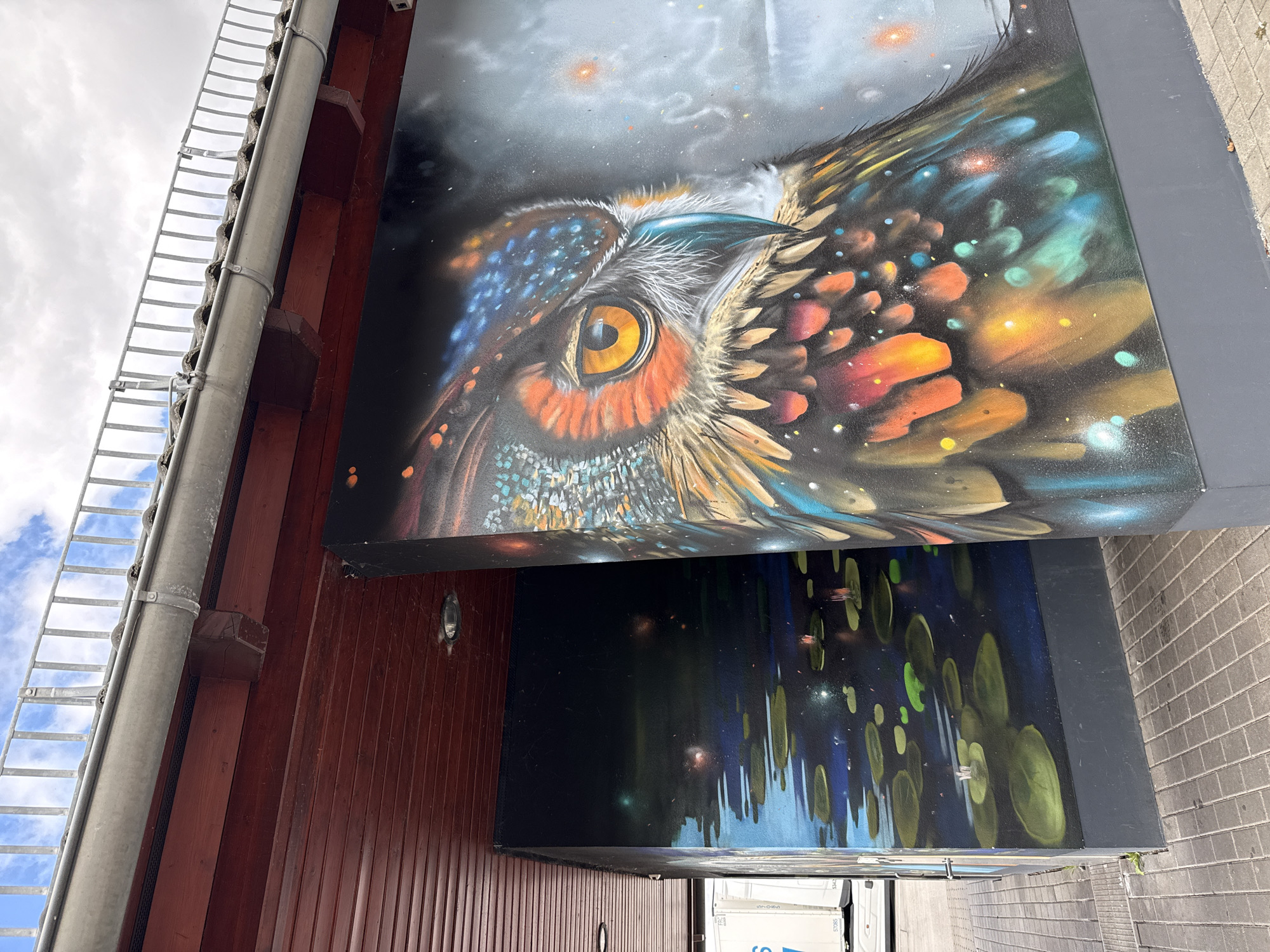 The image shows a close-up of graffiti art on two adjacent walls in Großpösna, Germany. The wall on the right features a large, detailed mural of an owl's head, rendered in vibrant colors with a starry, cosmic background. The owl's eye is a striking orange, and its plumage is depicted with a mix of iridescent blues, greens, oranges, and reds, speckled with what appear to be stars or glitter. The wall on the left displays a mural of a dark pond at night, with lily pads and glowing water lilies, suggesting a serene, nocturnal scene. Both murals are painted on outdoor walls, possibly part of a public art installation or a building's facade, with a red wooden overhang and a metal railing visible above. The ground in front of the murals is paved with brickwork, and a small patch of grass grows near the base of the left wall. In the far left background, part of a white truck or shipping container is visible, suggesting an urban or industrial setting. The sky above is cloudy with patches of blue.