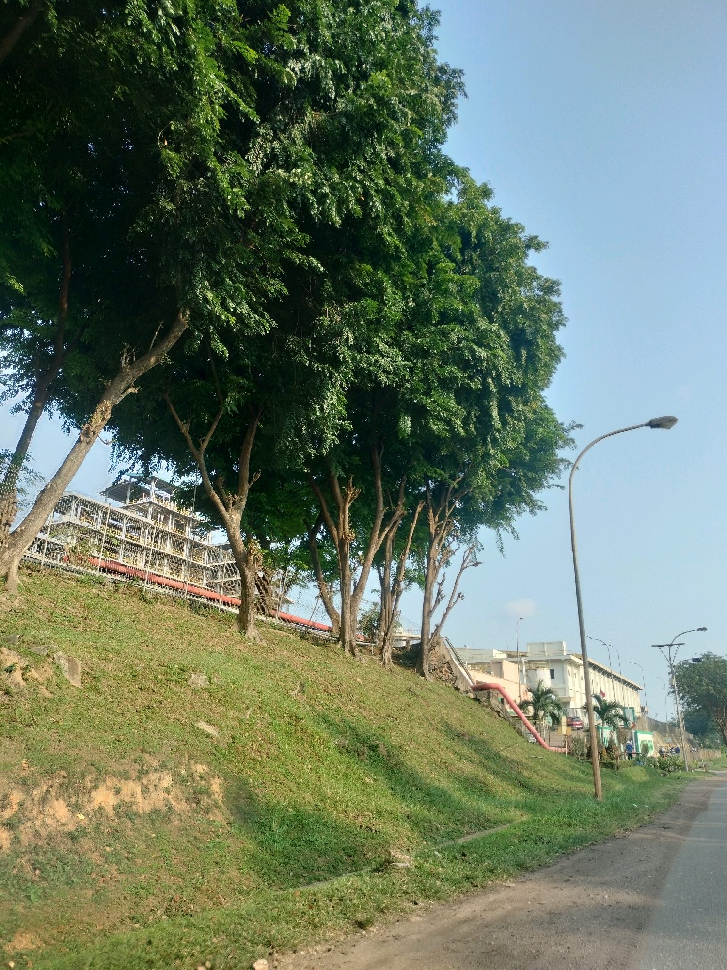 The image depicts an outdoor scene in Batam, Indonesia, likely on the outskirts of an industrial or commercial area. In the foreground, a paved road runs alongside a grassy embankment covered with trees. The embankment slopes upwards, revealing a series of industrial buildings in the background, characterized by multiple levels, railings, and pipes. The sky is a clear, pale blue. A tall street lamp with a curved arm stands on the right side of the road. Some people are visible in the distance near the buildings, engaged in activity, though their specific actions are not discernible. The overall impression is one of a sunlit day in a developing or industrial region.