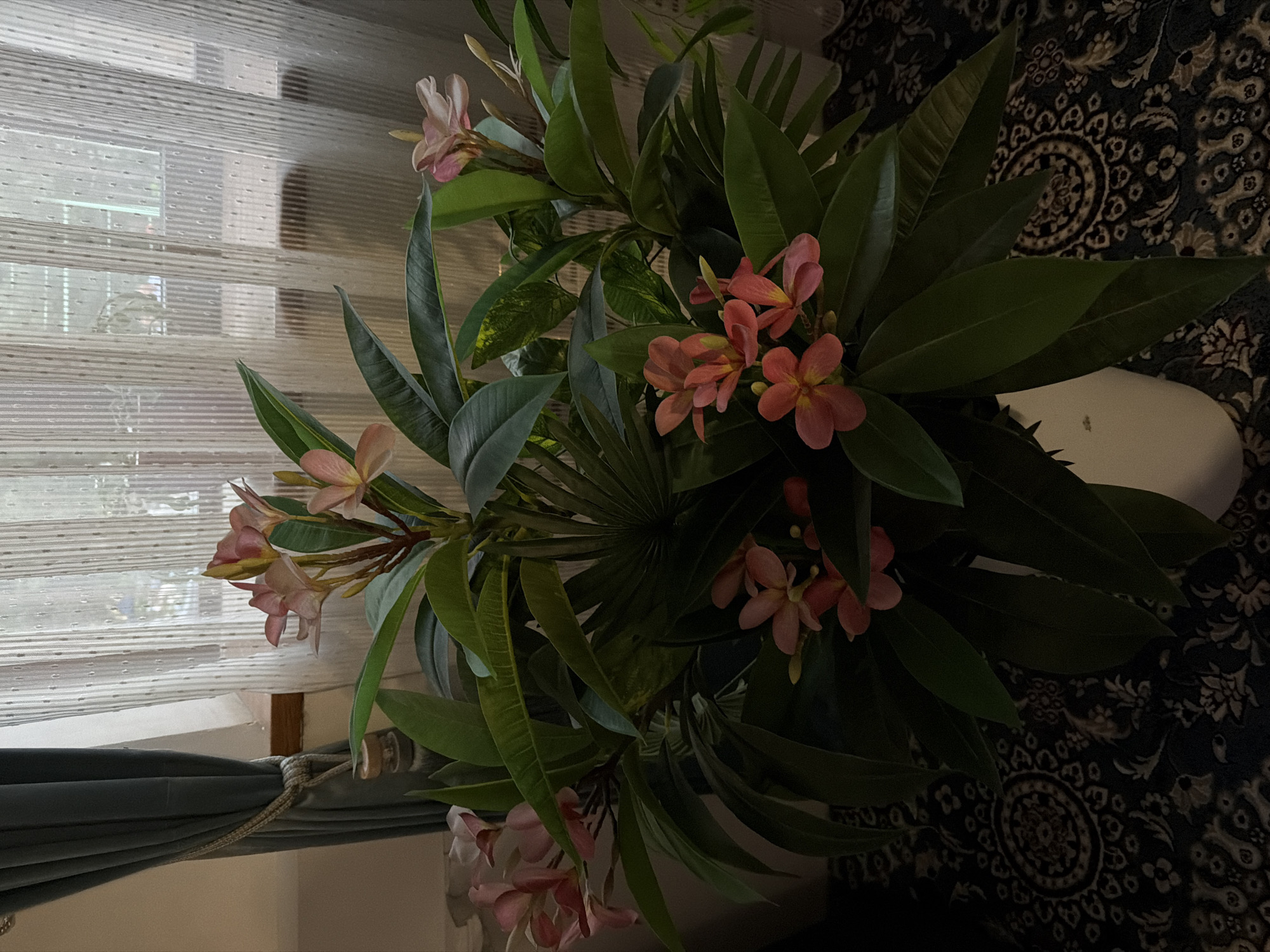 A potted plumeria plant with pink and coral flowers is displayed in front of a window with sheer, vertical-striped curtains. A dark teal curtain is pulled back to the left, secured by a braided cord with a wooden toggle. The plant is in a white pot and sits on a dark rug with a circular, intricate pattern. The scene appears to be indoors, possibly a living room or entryway, in Khumsan, Uzbekistan. There are no people visible in the image. The lighting suggests it is daytime, but the room is somewhat dim.