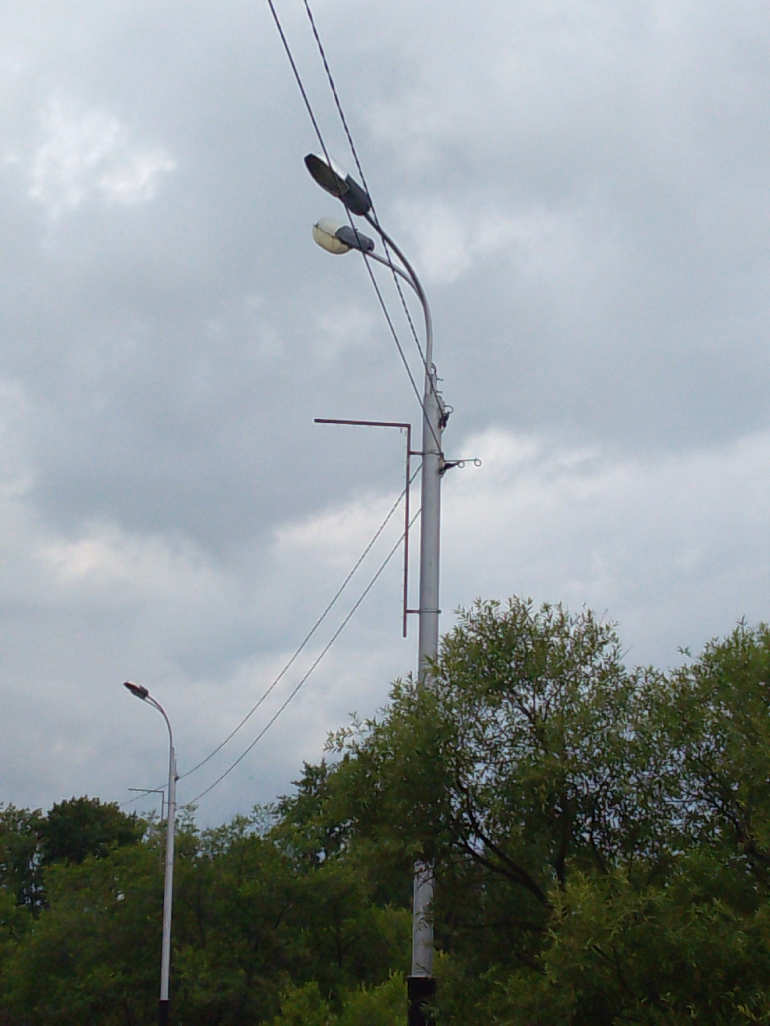 This is a medium shot, eye-level, outdoor photograph taken on a cloudy day in Khabarovsk, Russia. The scene features a street lamp with two lights, one dark and one with a white, translucent cover. The lamp is mounted on a tall, slender pole. Overhead, two wires run diagonally across the frame. In the background, a dense canopy of green trees obscures the lower portion of the scene. The sky is filled with heavy, grey clouds. There are no people or animals visible in the image. The overall impression is of an overcast day in an urban or suburban area with significant greenery.