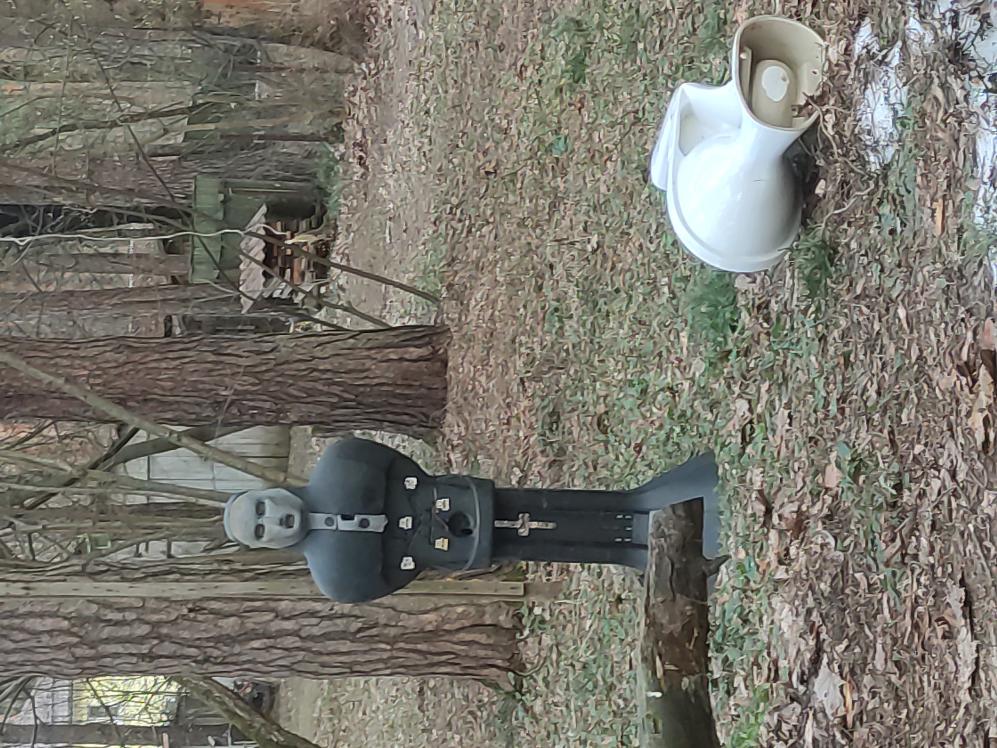 The image shows an outdoor scene with a mannequin-like figure and a detached toilet bowl. The mannequin is positioned upright and features a grey, featureless face, a black body with what appears to be a strap or harness, and black legs. It appears to be standing on or next to a tree stump. A white, detached toilet bowl is visible to the right of the mannequin, lying on its side on a ground covered with leaves. The environment includes trees, foliage, and a structure that could be a shed or building in the background. The location, Kratovo, Russia, is provided for context. The photograph appears to have been taken in a wooded or overgrown area, suggesting an abandoned or neglected space.