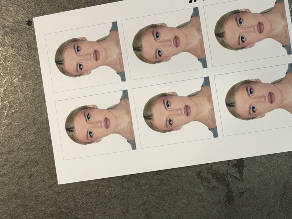 The scene in Khimki, Russia, displays a sheet of six passport-style photographs arranged in a 2x3 grid, viewed from an oblique angle. The white paper sheet is resting on a dark, textured surface, possibly concrete or stone, which occupies the upper-left portion of the image. Each photograph depicts the same female individual, captured from the chest up, against a plain white background.
The subject has blonde hair, pulled back into a low ponytail. Her facial features include light blue eyes, defined eyebrows, and a neutral expression with a direct gaze. She wears prominent pink eyeshadow and pink/mauve lipstick. Her attire consists of a grey crew-neck top and a thin, silver-colored chain necklace. The overall lighting suggests an indoor setting, and the dark surface exhibits slight variations in tone and texture, consistent with a rough, natural material. A small, dark particulate is visible on the dark surface near the top-right corner of the paper.