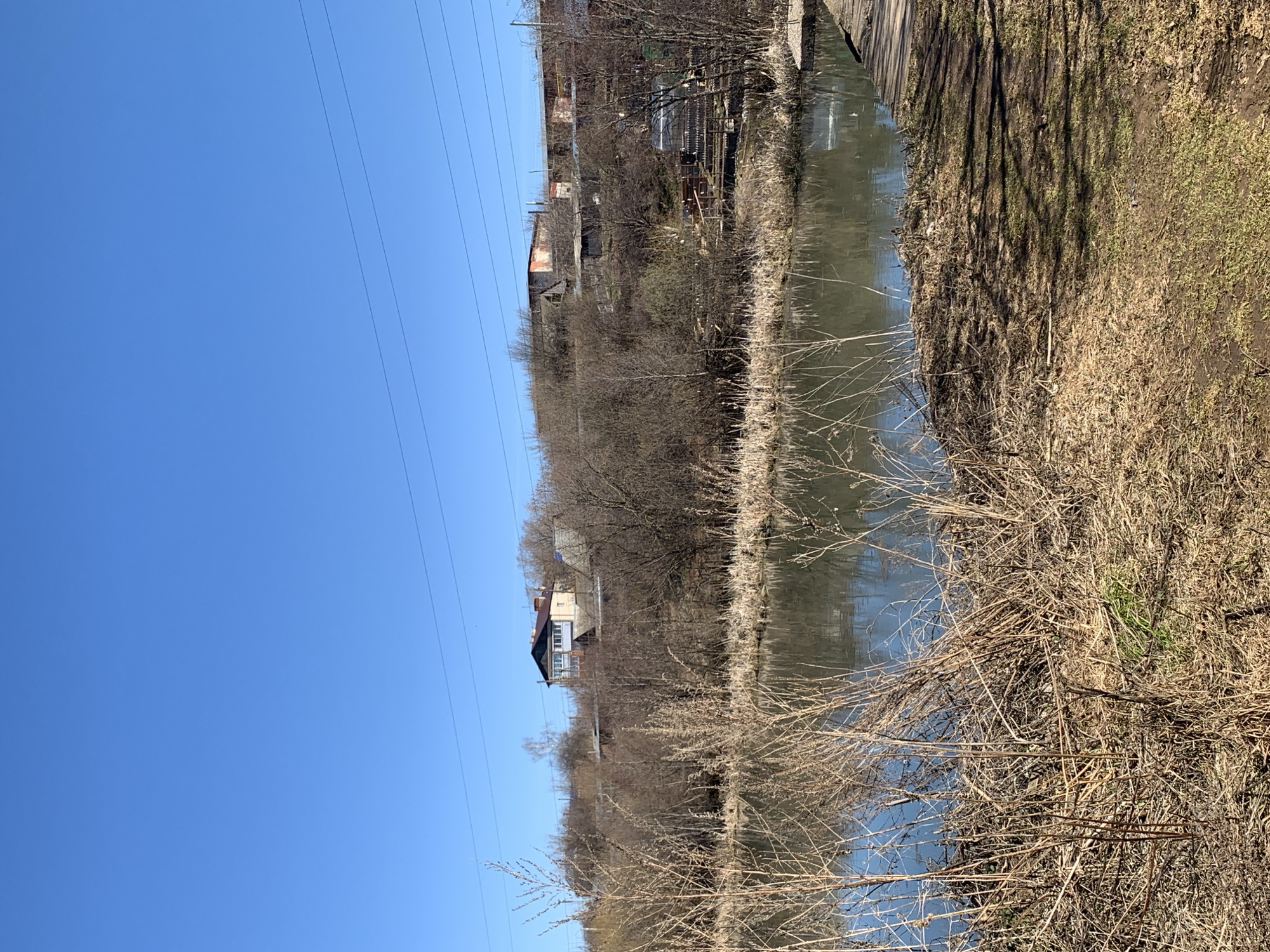 The image depicts a waterway, likely a canal or narrow river, running through an urban area in Фоки, Russia. The water appears calm and reflects the surrounding landscape. One bank is lined with vegetation, consisting primarily of dry, brown grasses and bare bushes. Beyond the foliage, shadows of trees are cast on the edge of a walkway or path. On the opposite side of the waterway, there are buildings and houses nestled on a slightly elevated bank. The structures range from a multi-story house with white siding to what appears to be industrial buildings or warehouses. Overhead power lines cut across the clear, bright blue sky. There is no indication of human presence or activity. The overall environment appears somewhat neglected and post-winter or early spring, before foliage has fully emerged.