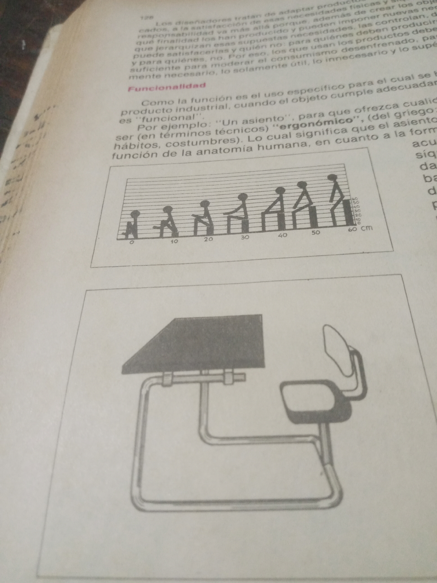 The image displays a page from a book discussing design and functionality. The top portion of the page contains text, with the heading "Funcionalidad" (Functionality) prominently featured. Below this text, there is a graphic depicting several stick figures of varying heights sitting on blocks of different heights, with a bar graph overlaying the figures. The x-axis of the graph is labeled with numbers from 0 to 60 cm, and the y-axis is labeled with numbers from 0 to 60. The bottom portion of the page shows a line drawing of a desk and an office chair.
There is no information within the image that indicates a location in Santa Ana, Venezuela.