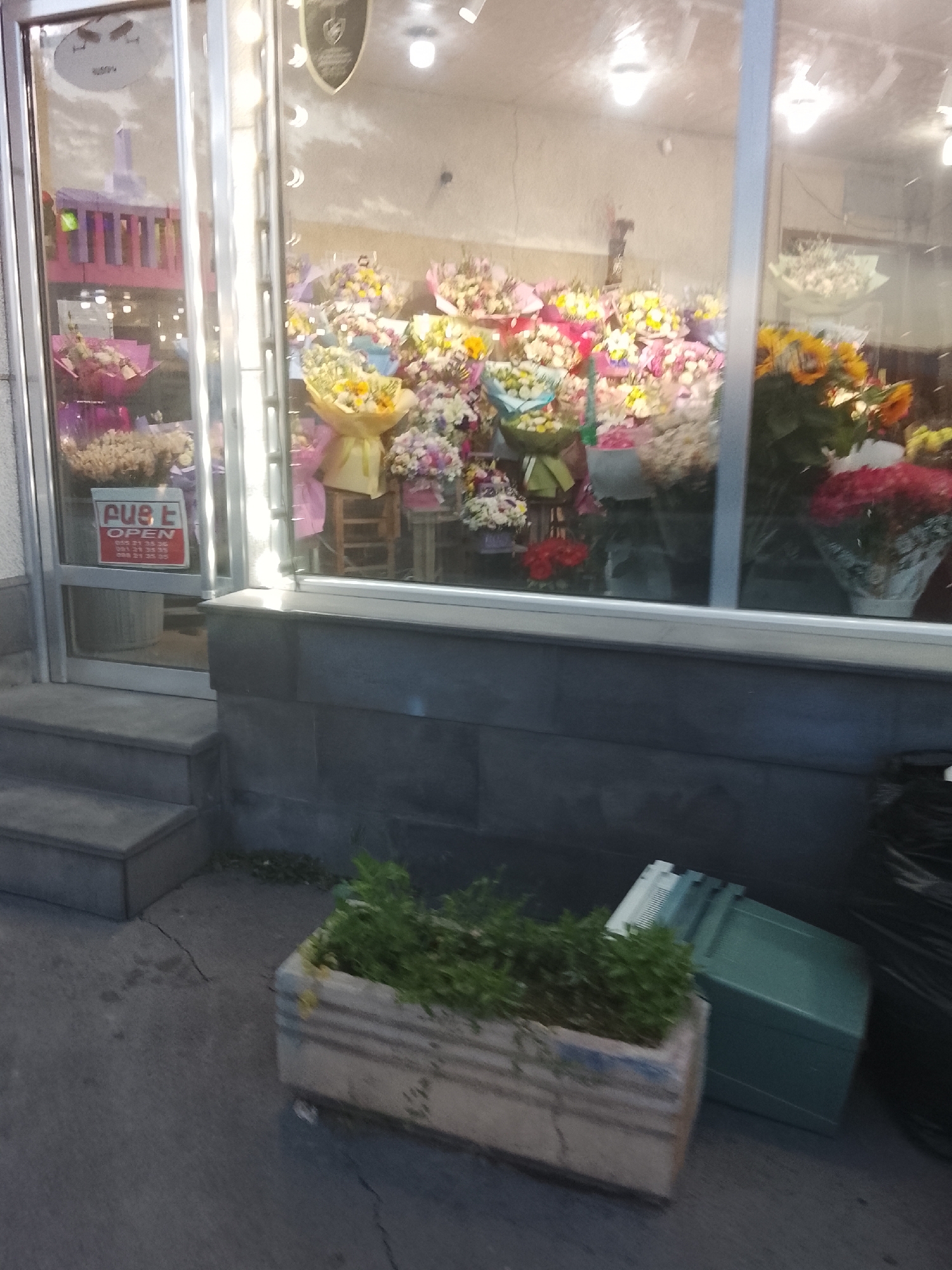 The image shows the entrance to a flower shop. Through the glass doors, a variety of colorful flower arrangements are visible, including bouquets of sunflowers, roses, and other assorted flowers. The shop appears to be well-stocked and brightly lit. A sign on the door reads "OPEN" along with phone numbers. Outside the shop, there are concrete steps leading up to the entrance, and a planter box with green foliage sits to the right of the steps. Next to the planter box are two green recycling bins and a large black trash bag. The ground is paved with concrete and shows some cracks. The overall scene suggests a commercial area, likely in a city.