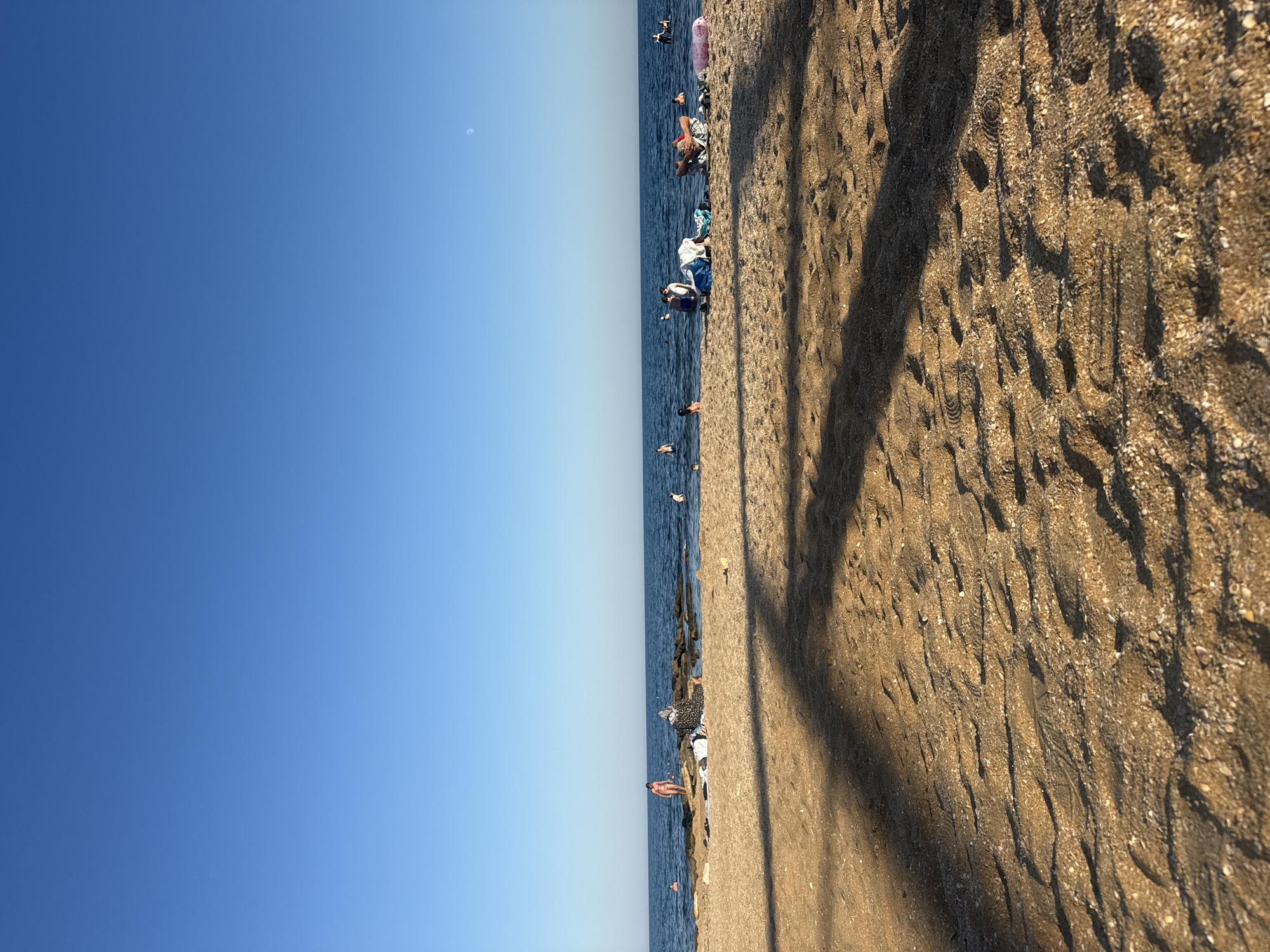 The image depicts a sunny day at a beach with a clear blue sky and calm water. The foreground is dominated by sandy beach with some shell fragments and footprints. In the middle ground, several people are visible on the beach and in the water. Some are sitting or lying down on towels, while others are wading or swimming. A few individuals are standing near the water's edge or on some rocky outcrops. In the distance, the ocean stretches out to the horizon, and a faint crescent moon is visible in the sky. The scene conveys a relaxed atmosphere of a typical summer day at the seaside.