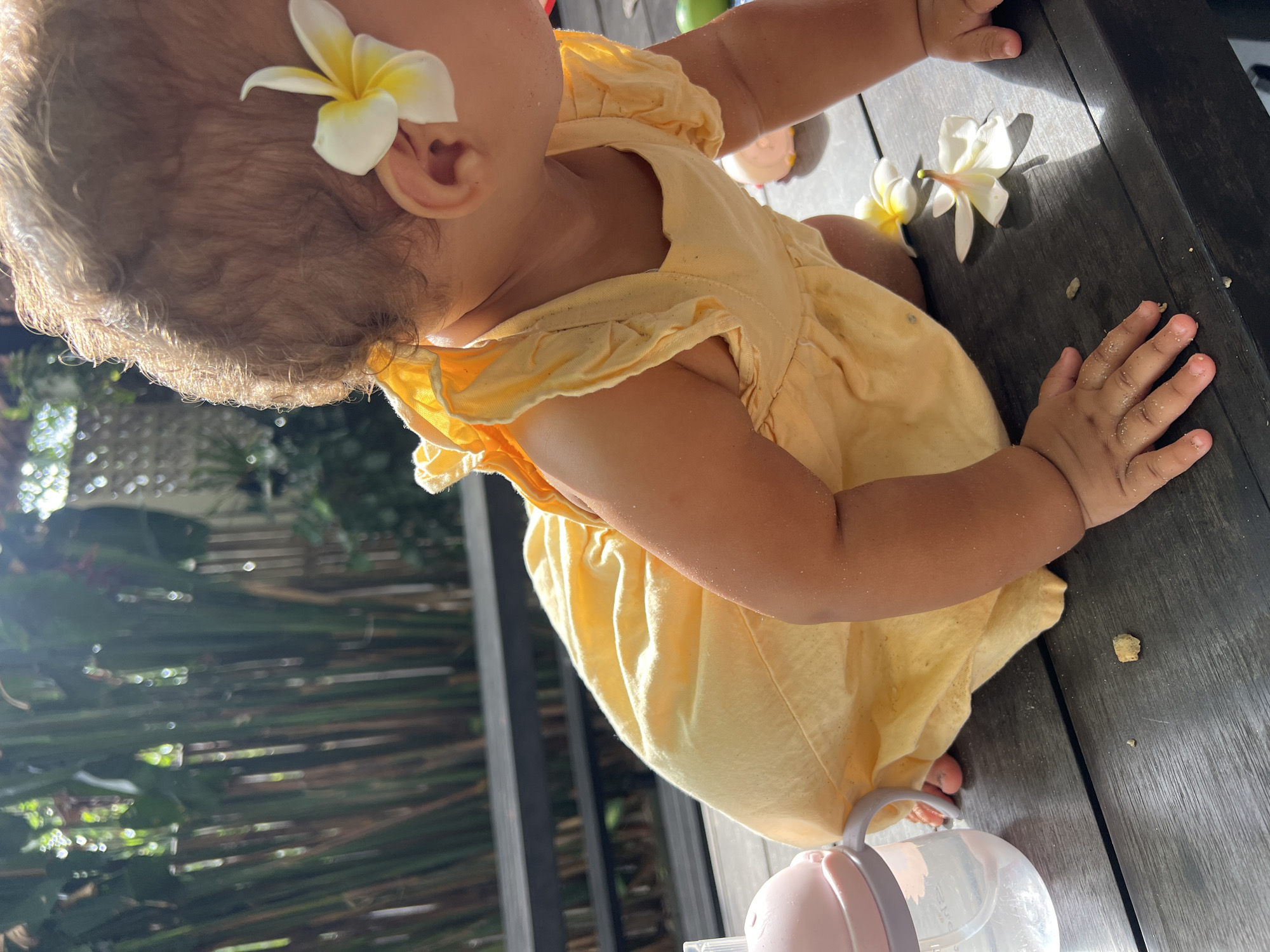 A close-up, low-angle shot captures a baby from the chest up, wearing a yellow ruffle-sleeve romper. A white and yellow plumeria flower adorns the baby's left ear, with another plumeria flower placed on the dark wooden surface beside the baby's right arm. The baby's left hand rests on the wooden table, showing scattered sand on its fingers and palm. The baby's right arm is extended, with its hand also resting on the table. Nearby, a sippy cup with a pink lid and clear bottle is visible, along with crumbs scattered on the wood. In the background, green foliage and a bamboo fence suggest an outdoor setting, likely a patio or deck. The lighting indicates it is daytime, possibly late morning or early afternoon, with sunlight casting shadows. The scene appears to be in North Kuta, Indonesia, given the plumeria flowers and bamboo elements often found in tropical regions. There is no visible text in the image.