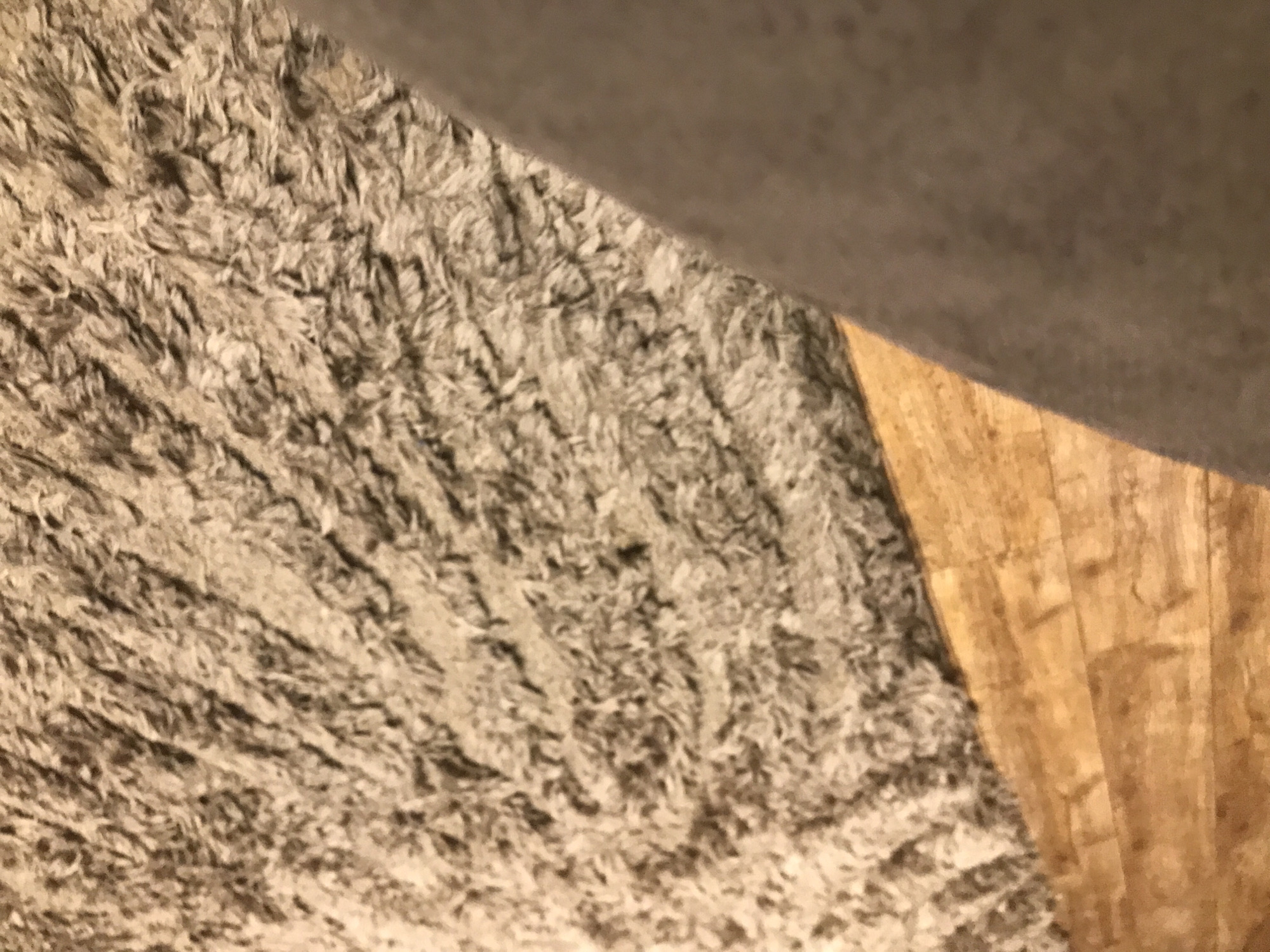The image shows a close-up of three distinct surfaces: a shaggy carpet, a section of wooden flooring, and a blurred gray surface. The shaggy carpet occupies the majority of the left side of the image. The wooden flooring appears on the right side. A blurry gray surface covers the top right corner. There are no people, subjects, actions, or interactions visible. The location, Yerevan, Armenia, is not discernable from the content of the image.