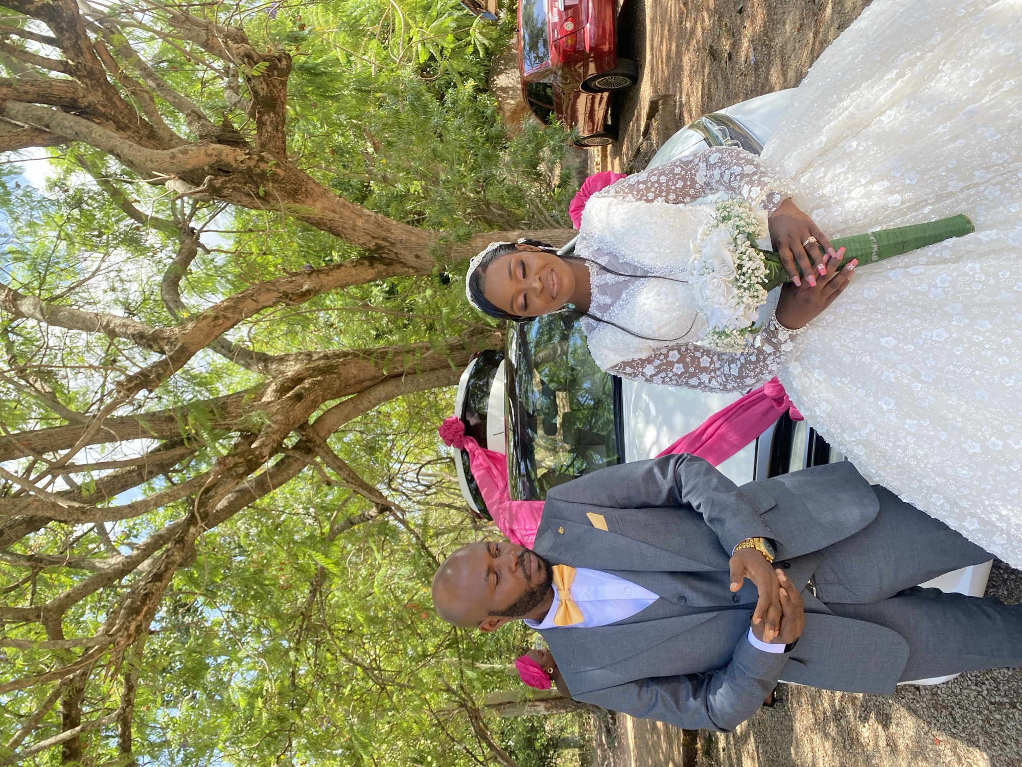 A medium shot captures a newlywed couple posing near their wedding car. The woman, on the right side of the frame, is wearing a white, long-sleeved wedding gown and holding a bouquet. The man, on the left, is dressed in a gray suit with a yellow bow tie. Pink fabric is tied to the car behind them. The background includes a large tree with spreading branches and lush green foliage. A glimpse of a red car can be seen parked behind the wedding vehicle. The image, likely taken in Dutsen Kato, Nigeria, portrays a joyful and celebratory atmosphere.