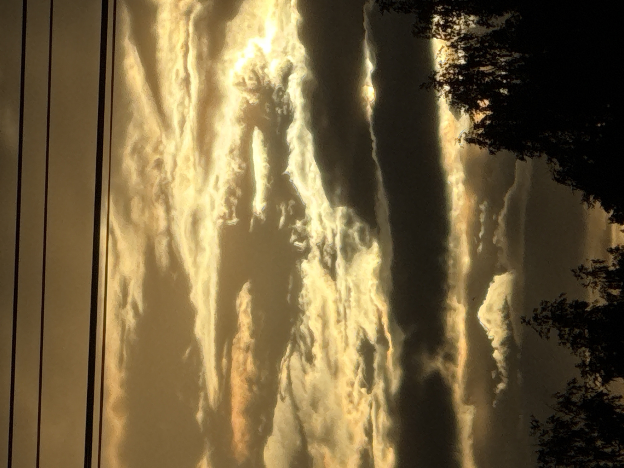 A wide shot captures a dramatic sky filled with heavy, dark clouds interspersed with streaks of bright, golden light, suggesting either sunrise or sunset. Three dark, horizontal lines, likely power lines, are visible across the top of the frame. The lower portion of the image is dominated by the dark silhouettes of trees. The scene is devoid of people, vehicles, or any structures, giving it a natural, untamed feel. The lighting is harsh and dramatic, with strong contrasts between light and shadow. The overall impression is one of nature's raw power and beauty.