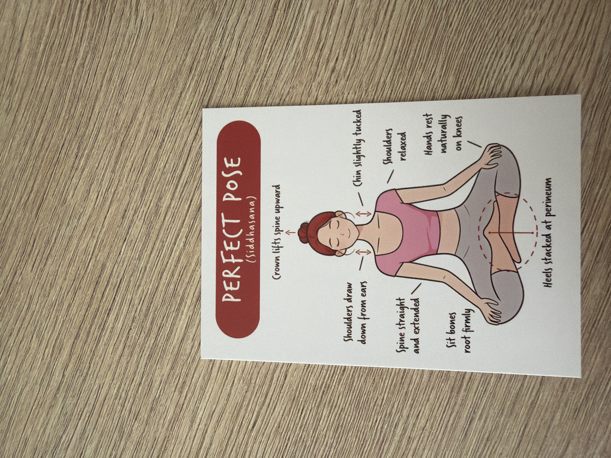 The image shows a white card with a diagram illustrating the "Perfect Pose (Siddhasana)" for yoga. The card is placed on a wooden surface. The diagram depicts a stylized figure of a person sitting in a cross-legged yoga pose. Text labels point to various parts of the body and their correct alignment for the pose.
Specifically, the labels indicate:
- "Crown lifts spine upward"
- "Shoulders draw down from ears"
- "Spine straight and extended"
- "Sit bones root firmly"
- "Chin slightly tucked"
- "Shoulders relaxed"
- "Hands rest naturally on knees"
- "Heels stacked at perineum"
The background is a wooden surface with a visible grain pattern. There is no information in the image to suggest a location in Pazardzhik, Bulgaria.